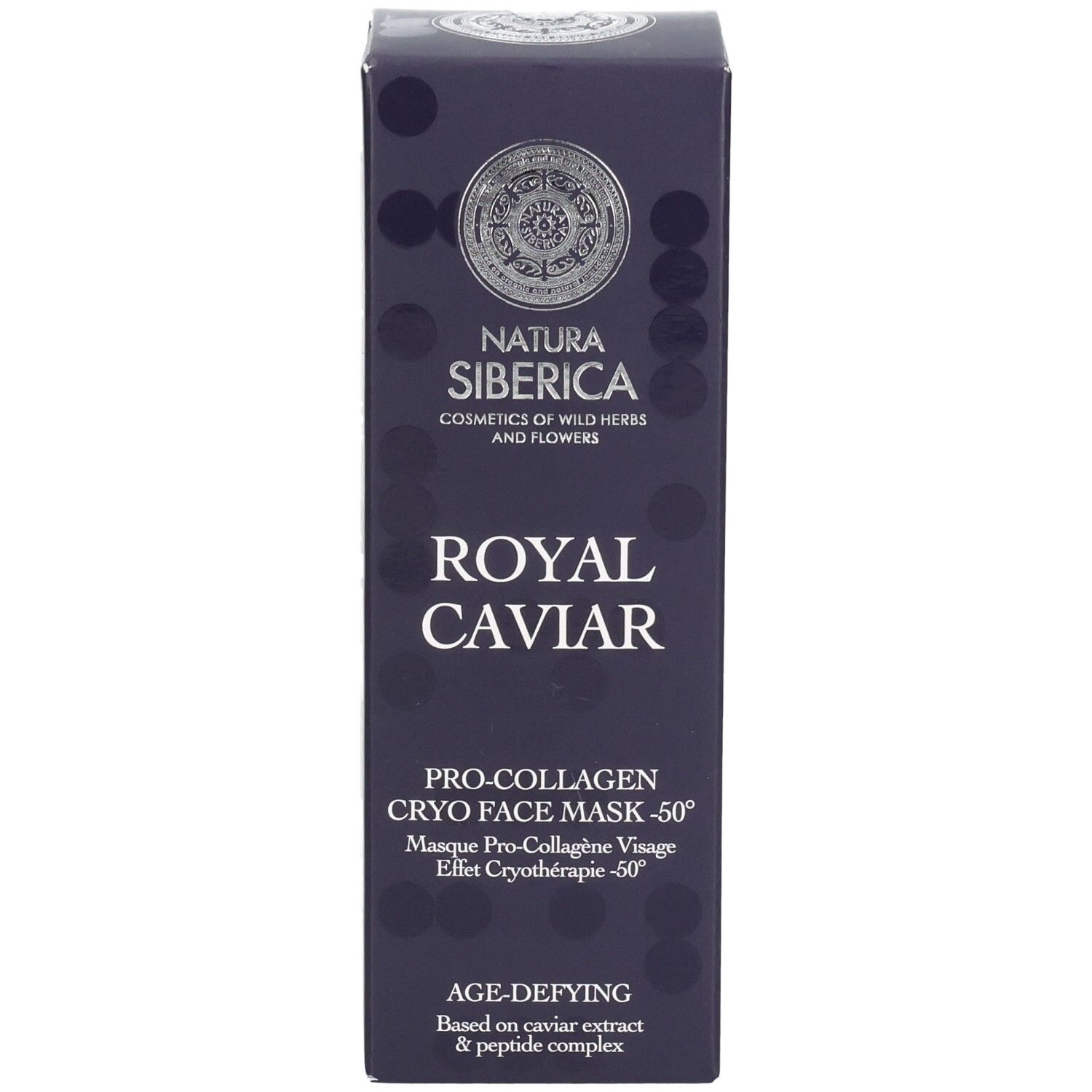 Dunkelblaue Produktverpackung. Aufschrift: Natura Siberica, Royal Caviar, Pro-Collagen Cryo Face Mask -50°. Enthält Produktinformationen.