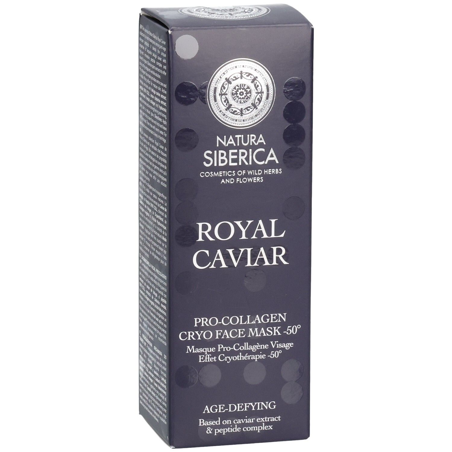 Dunkelblaue Produktverpackung. Aufschrift: Natura Siberica, Royal Caviar, Pro-Collagen Cryo Face Mask -50°. Produktansicht.