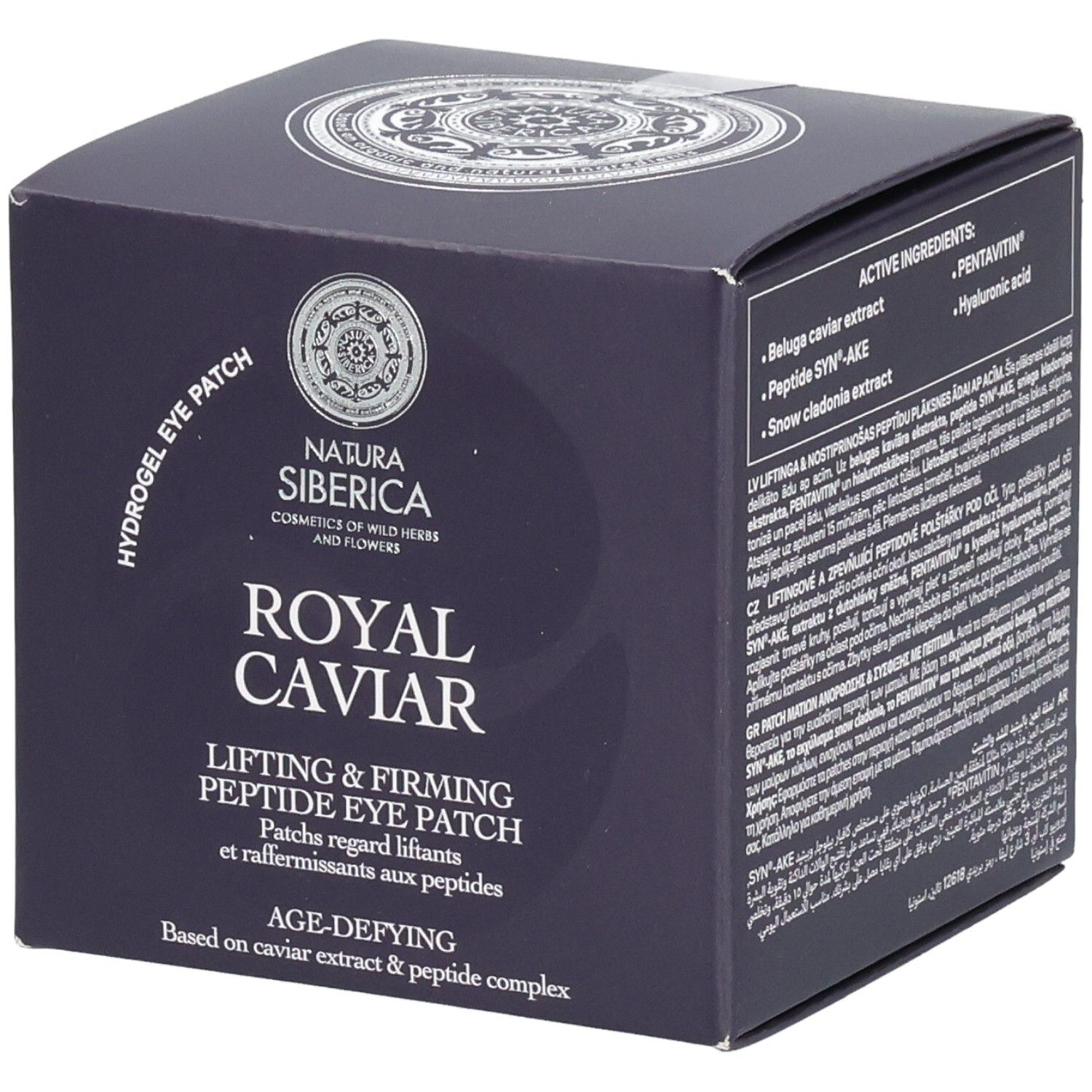 Dunkelblaue Schachtel. Aufschrift: Royal Caviar Lifting & Firming Peptide Eye Patch. Marke: Natura Siberica. Enthält 60 Stück.