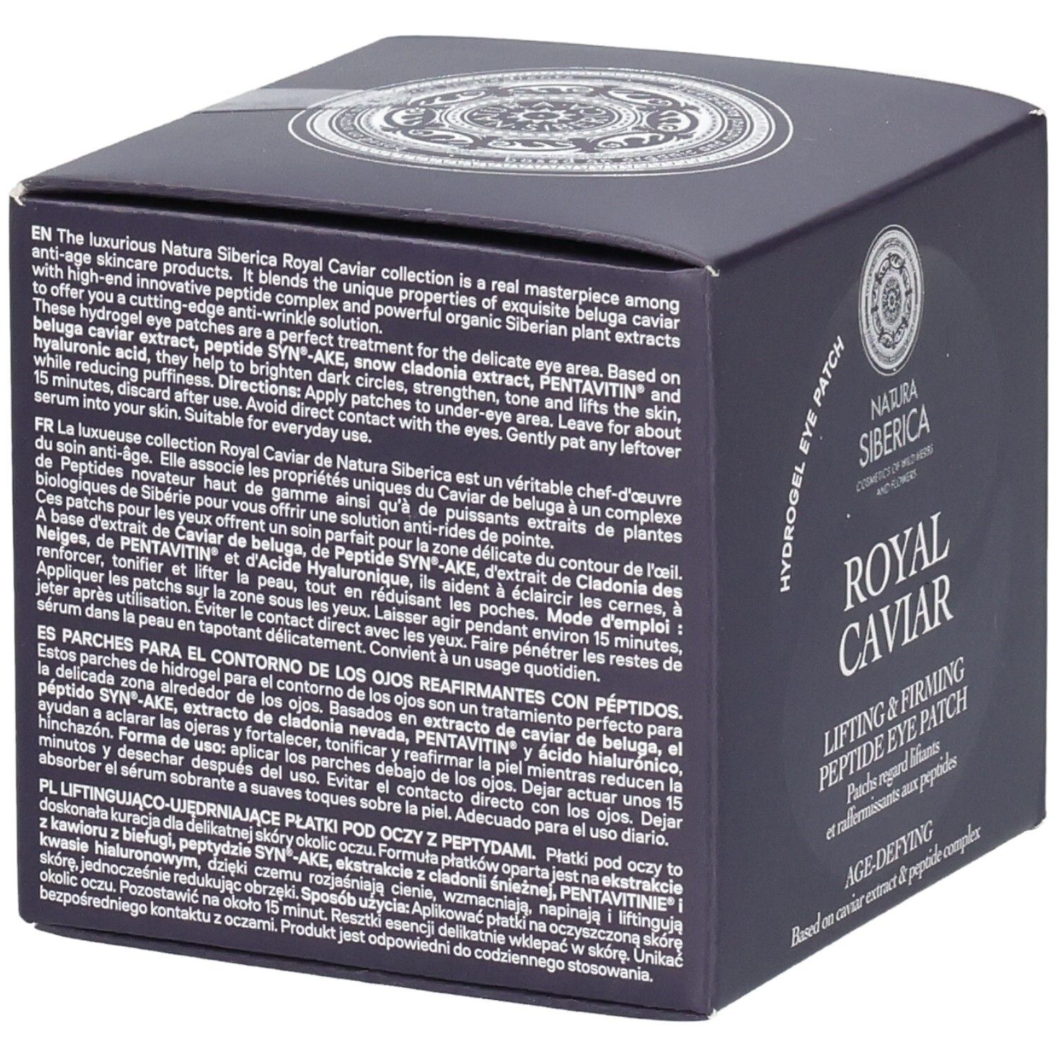 Dunkelblaue Schachtel. Text auf Englisch, Französisch, Spanisch und Polnisch. Marke: Natura Siberica. Produkt: Royal Caviar Eye Patch.