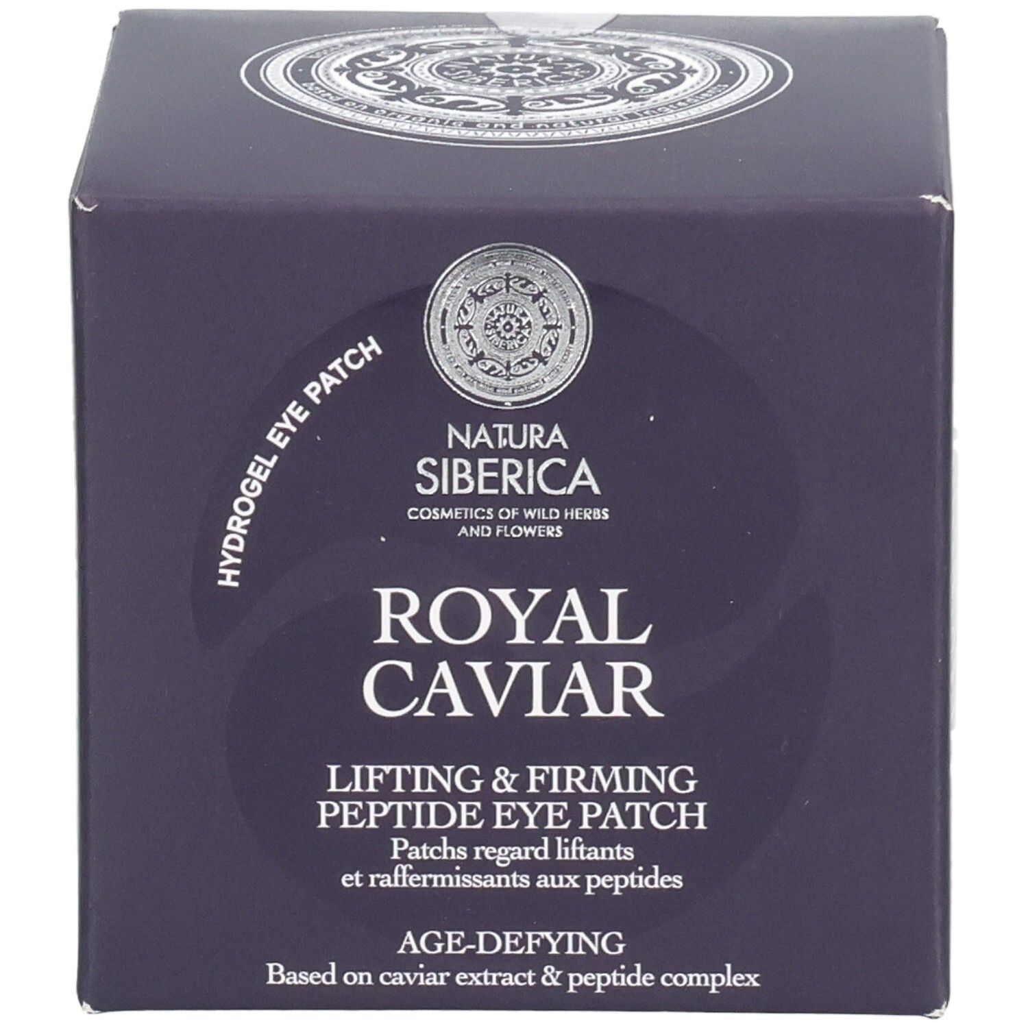Dunkelblaue Schachtel. Aufschrift: Royal Caviar Lifting & Firming Peptide Eye Patch. Marke: Natura Siberica. Alterungshemmend.
