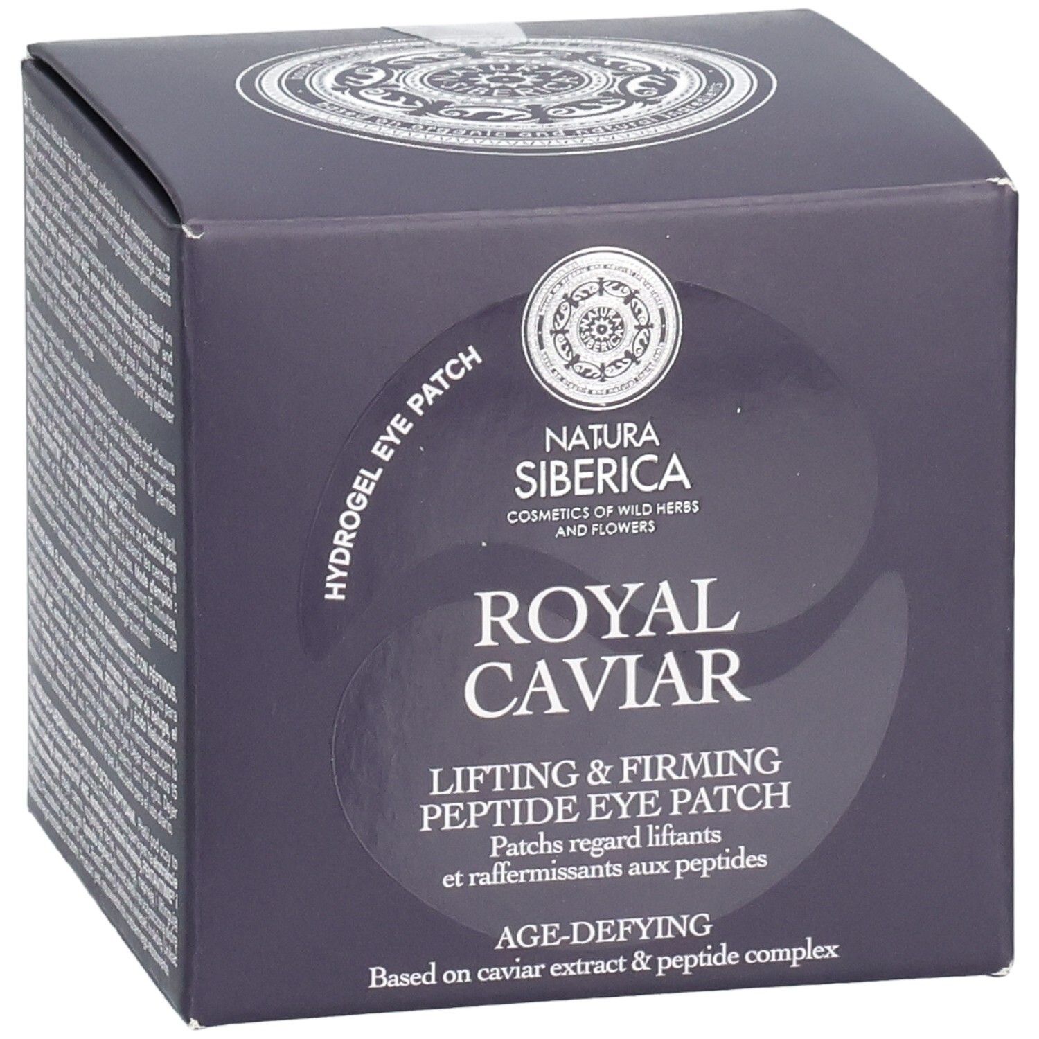 Dunkelblaue Schachtel. Aufschrift: Royal Caviar Lifting & Firming Peptide Eye Patch. Marke: Natura Siberica. Alterungshemmend.
