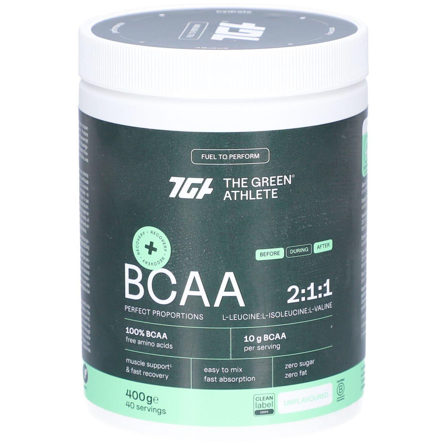 Grüner Behälter mit weißem Deckel. Aufschrift: BCAA, 2:1:1, 100% BCAA, 400g, 40 Portionen. Marke: The Green Athlete.