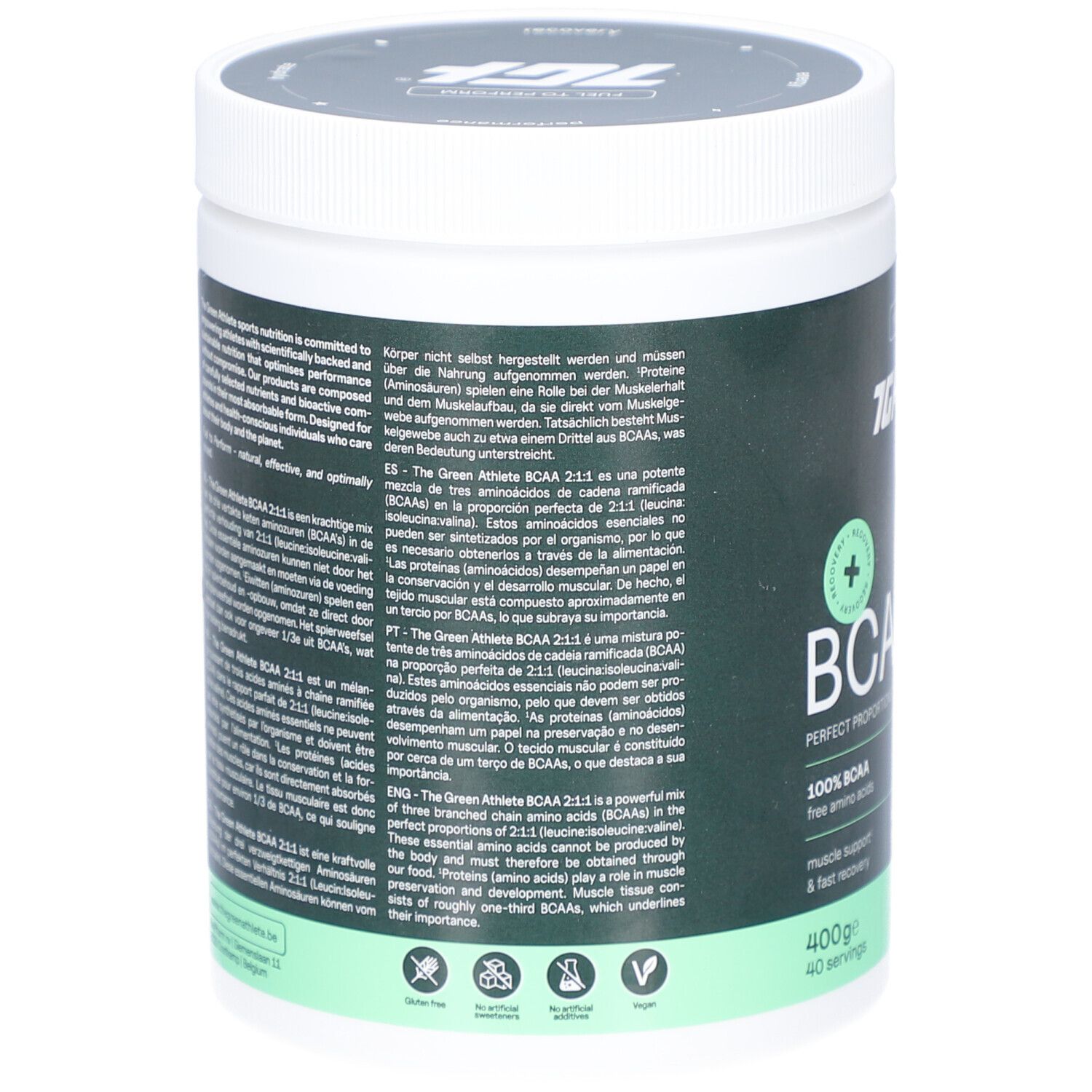 Grüner Behälter mit Text in verschiedenen Sprachen. Enthält Informationen über BCAA, 2:1:1, und die Marke The Green Athlete.