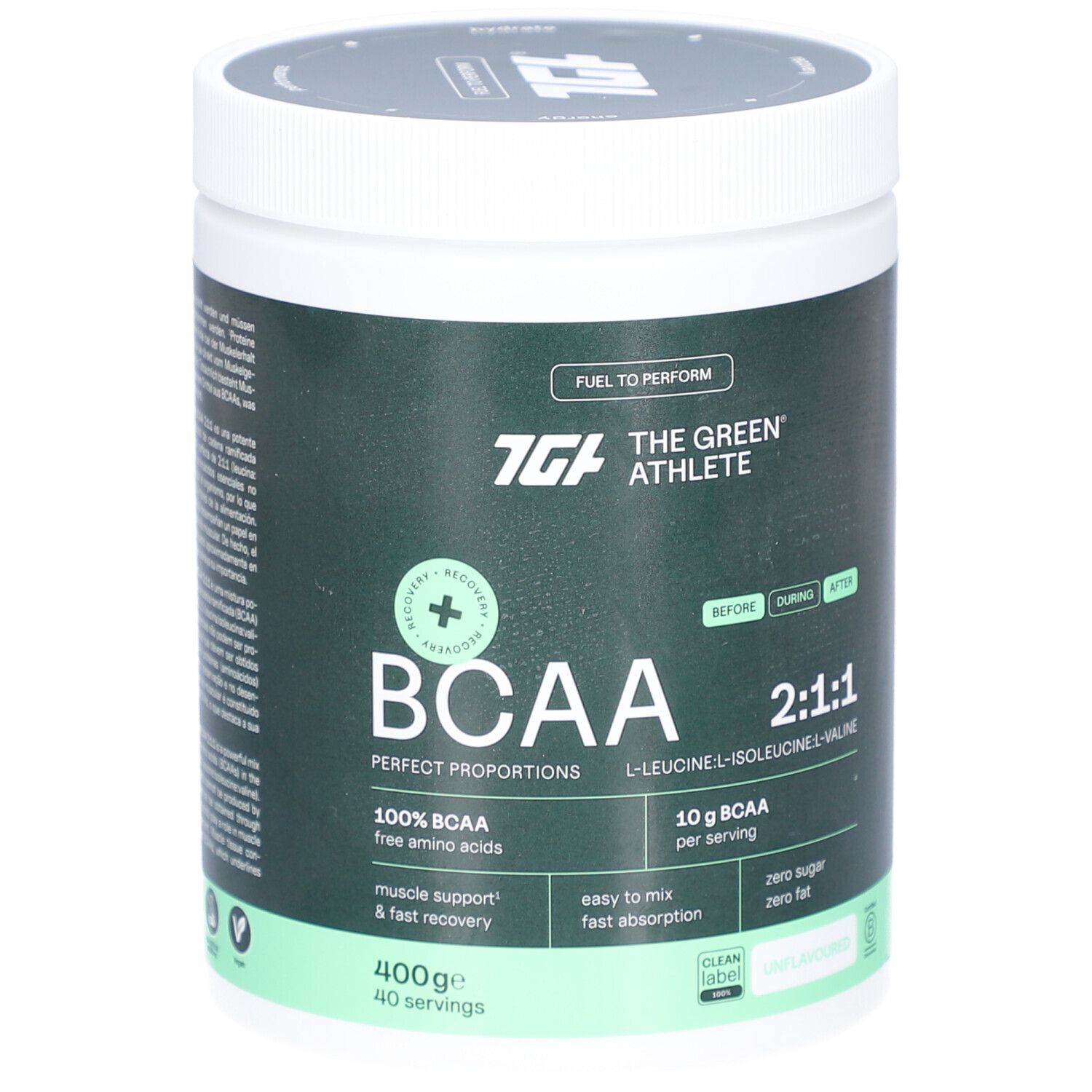 Grüner Behälter mit weißem Deckel. Aufschrift: BCAA, 2:1:1, 100% BCAA, 400g, 40 Portionen. Marke: The Green Athlete.