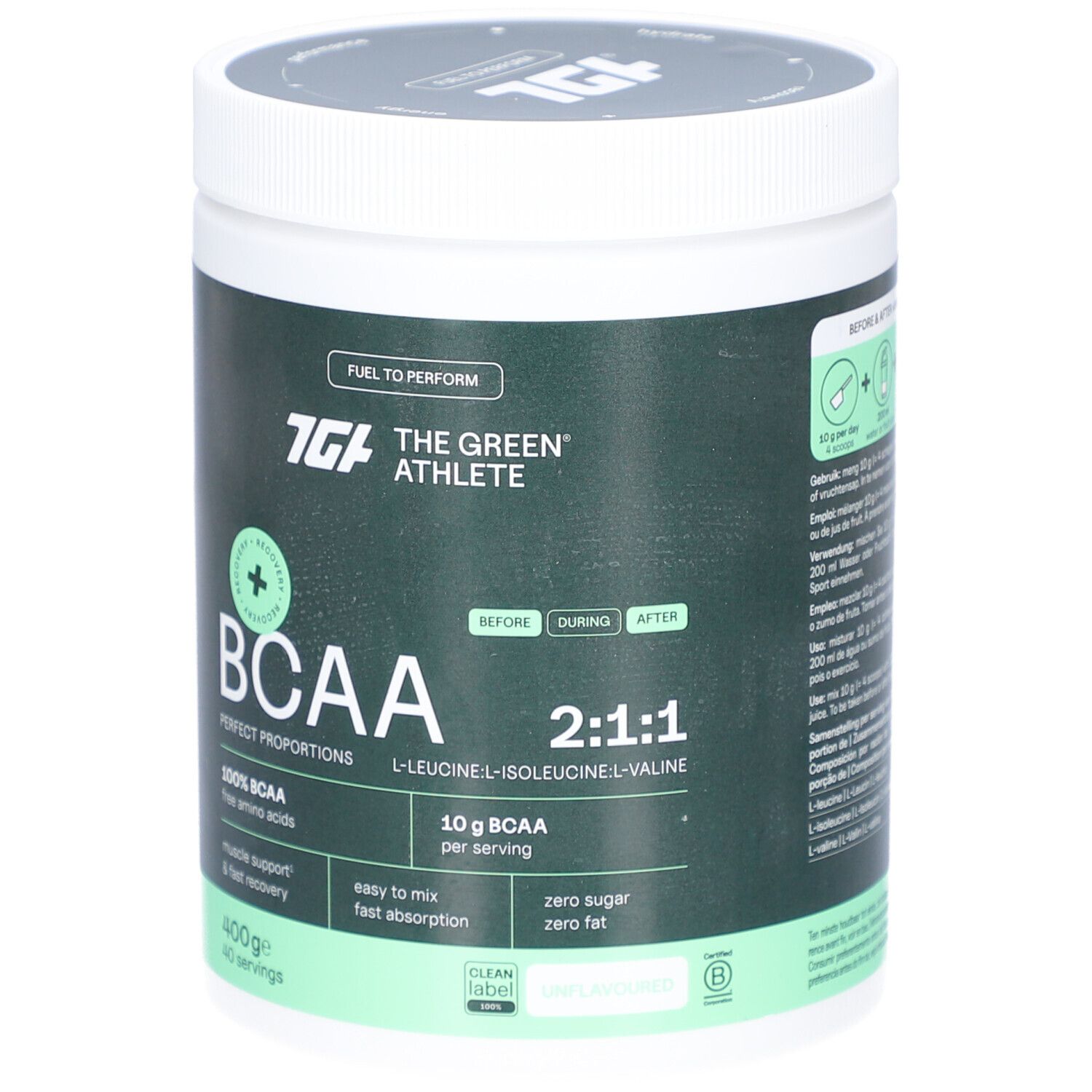 Grüner Behälter mit weißem Deckel. Aufschrift: BCAA, 2:1:1, 100% BCAA, 400g, 40 Portionen. Marke: The Green Athlete.