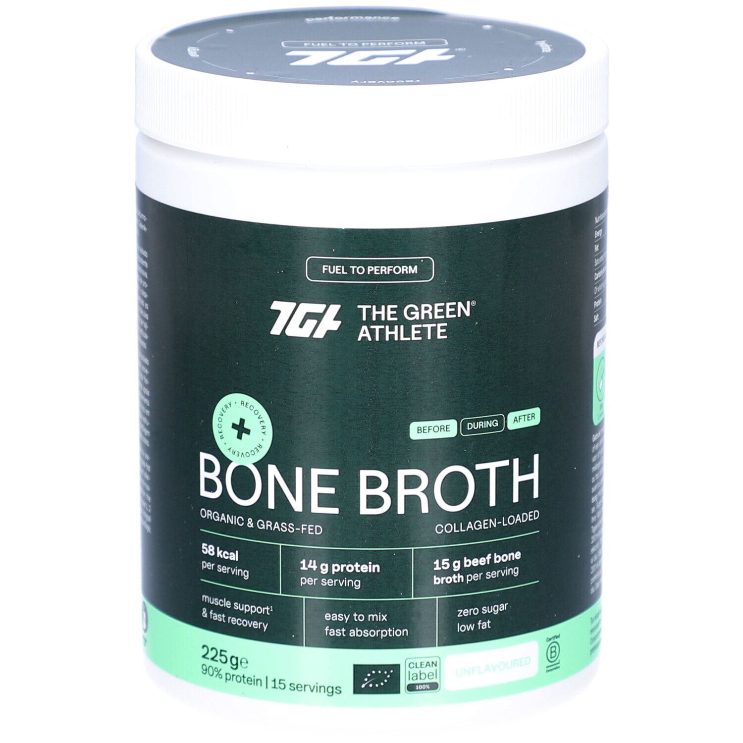Behälter mit grünem Etikett. Aufschrift: The Green Athlete Bone Broth. Enthält 15 Portionen. BIO-Zertifizierung.