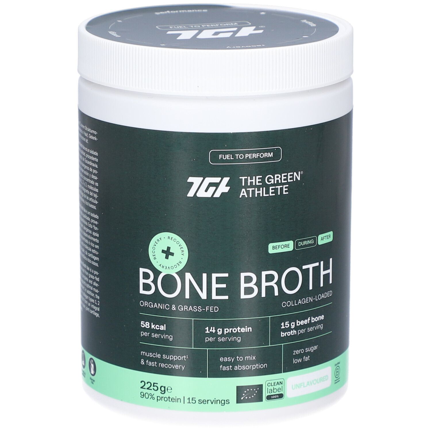 Behälter mit grünem Etikett. Aufschrift: The Green Athlete Bone Broth. Enthält 15 Portionen. BIO-Zertifizierung.