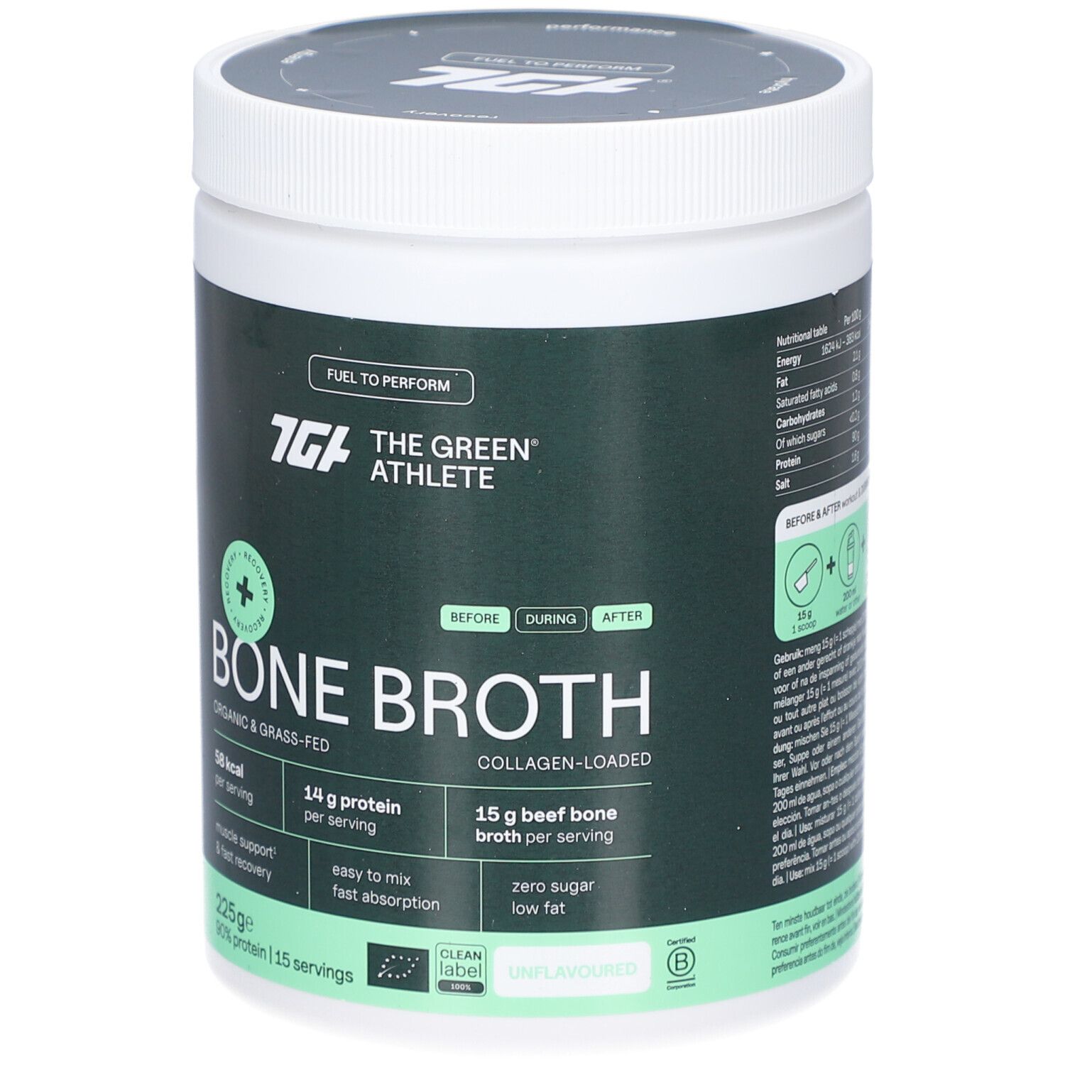 Behälter mit grünem Etikett. Aufschrift: The Green Athlete Bone Broth. Enthält 15 Portionen. BIO-Zertifizierung.