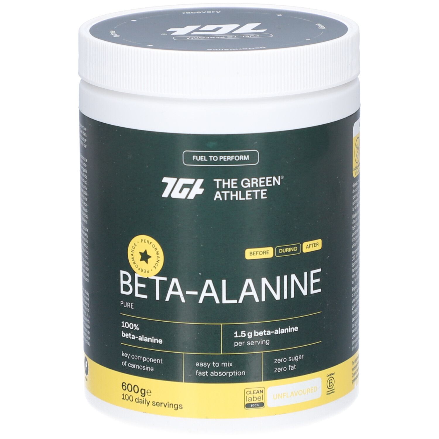 Weißes Beta-Alanin-Behälter mit grünem Etikett. Text: The Green Athlete, Beta-Alanine, 100% Beta-Alanin, 600g, 100 Portionen.