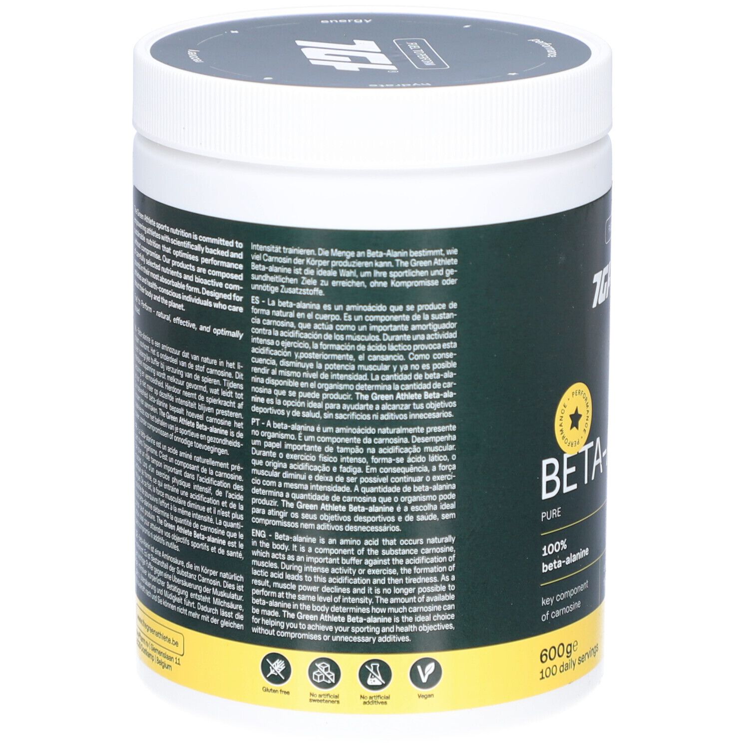 Beta-Alanin-Behälter, Rückseite mit Text. Grün, weiß. Text: The Green Athlete, Beta-Alanine, Inhaltsstoffe, Nährwertangaben, Gebrauchsanweisung.