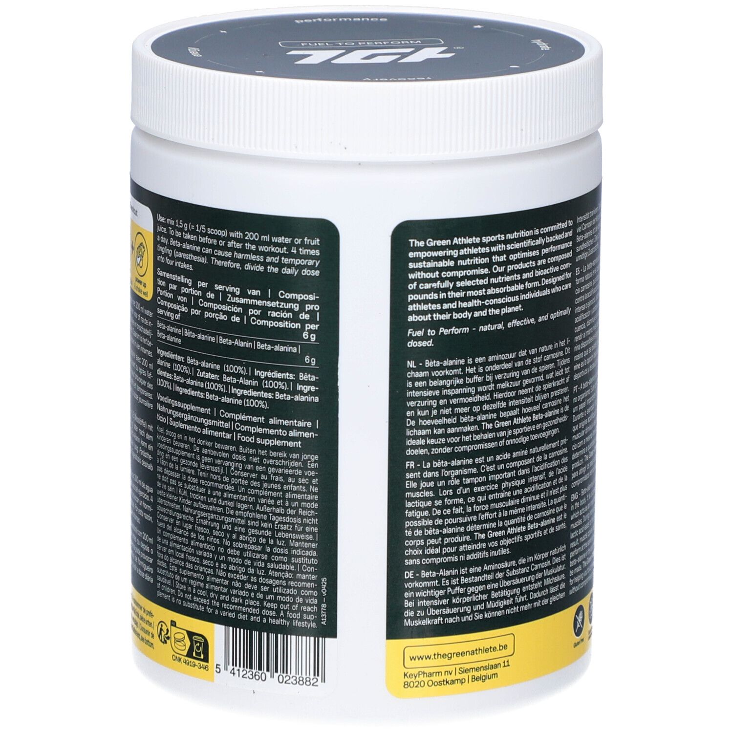 Beta-Alanin-Behälter, Rückseite mit Text. Grün, weiß. Text: The Green Athlete, Beta-Alanine, Inhaltsstoffe, Nährwertangaben, Gebrauchsanweisung.