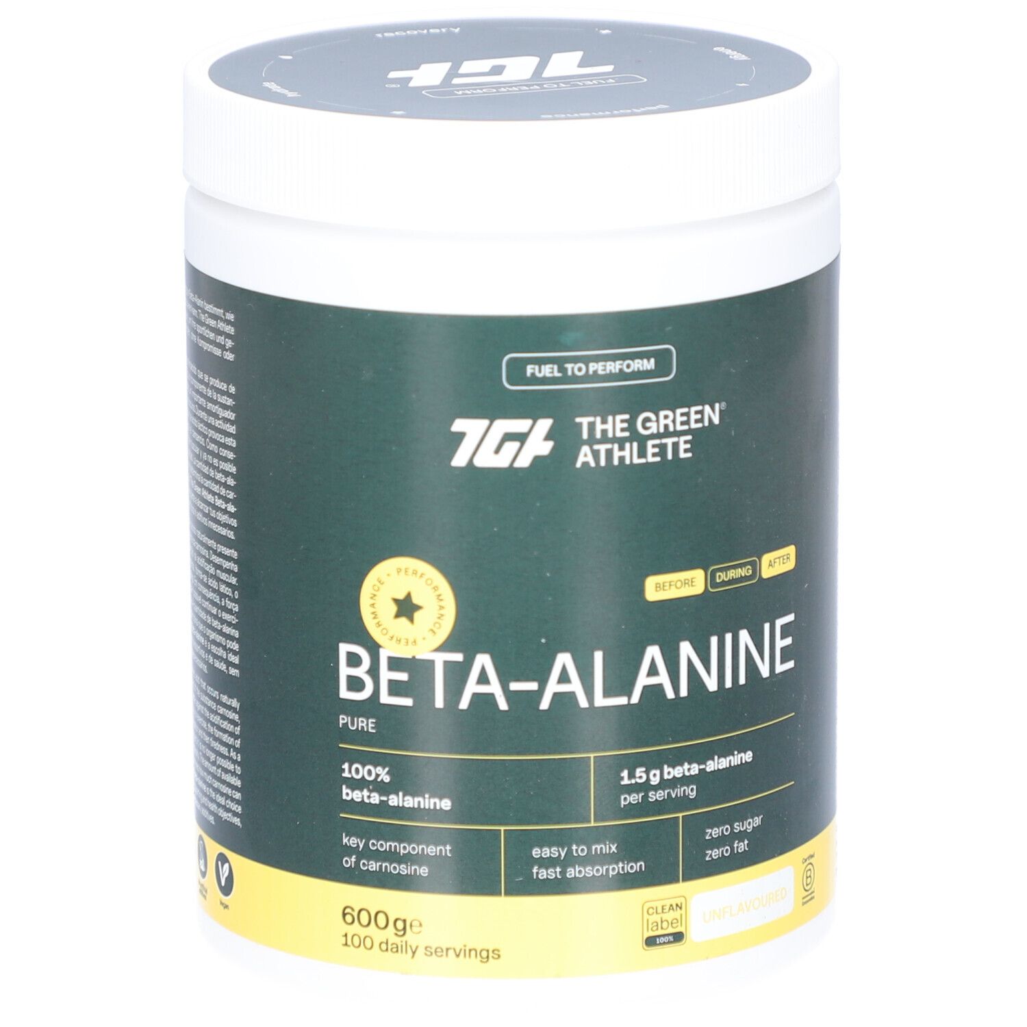 Weißes Beta-Alanin-Behälter mit grünem Etikett. Text: The Green Athlete, Beta-Alanine, 100% Beta-Alanin, 600g, 100 Portionen.