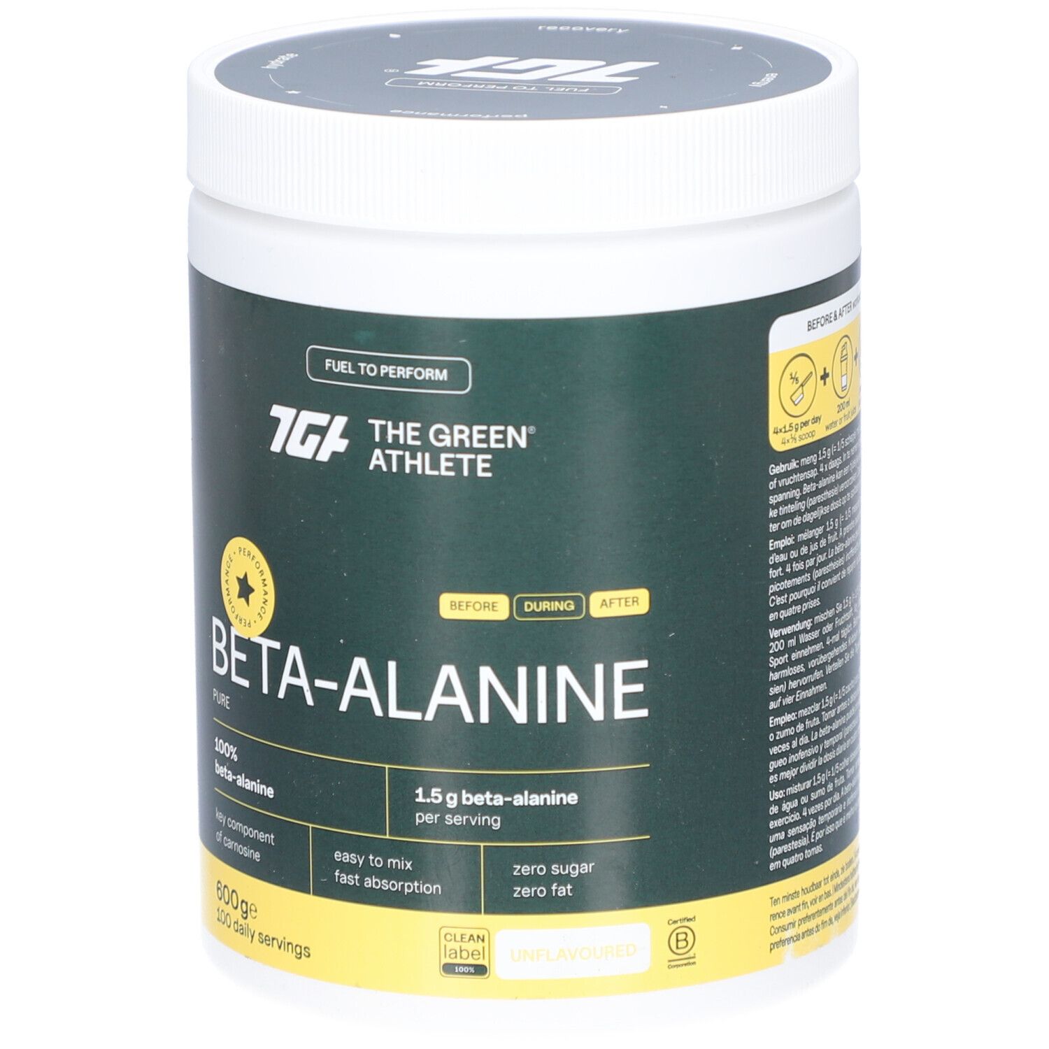 Beta-Alanin-Behälter, grün-weiß. Text: The Green Athlete, Beta-Alanine, 100% Beta-Alanin, 600g, 100 Portionen, vor, während, nach.
