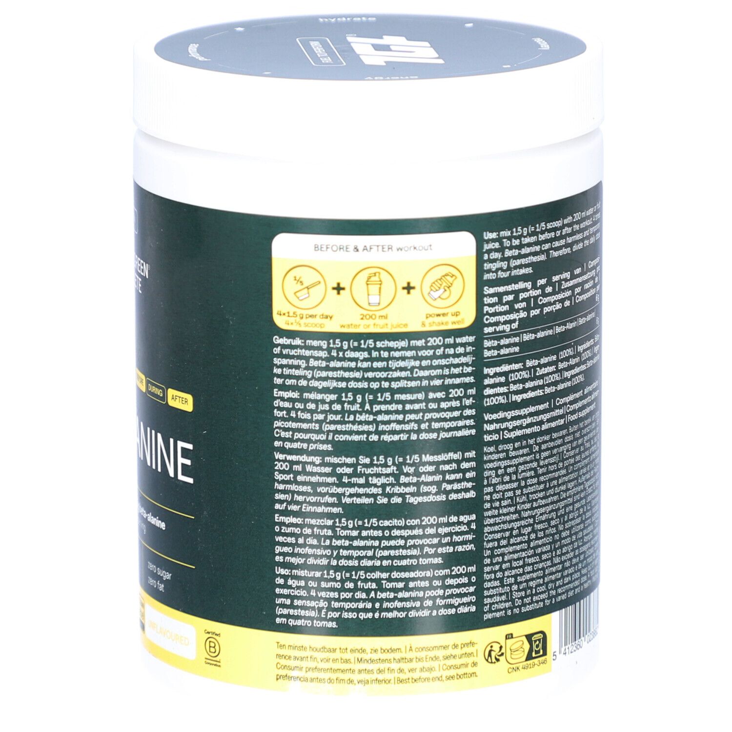 Beta-Alanin-Behälter, Rückseite mit Text. Grün, weiß. Text: The Green Athlete, Beta-Alanine, Inhaltsstoffe, Nährwertangaben, Gebrauchsanweisung.