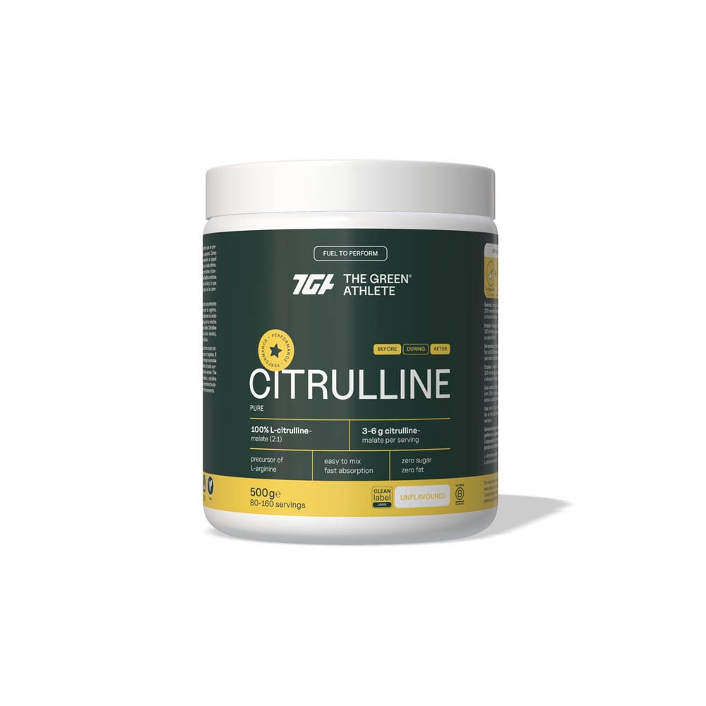 Pot de L-Citrulline-Malate The Green Athlete. Couvercle blanc, fond vert. Texte : Citrulline, 100% L-Citrulline-Malate, 500g.