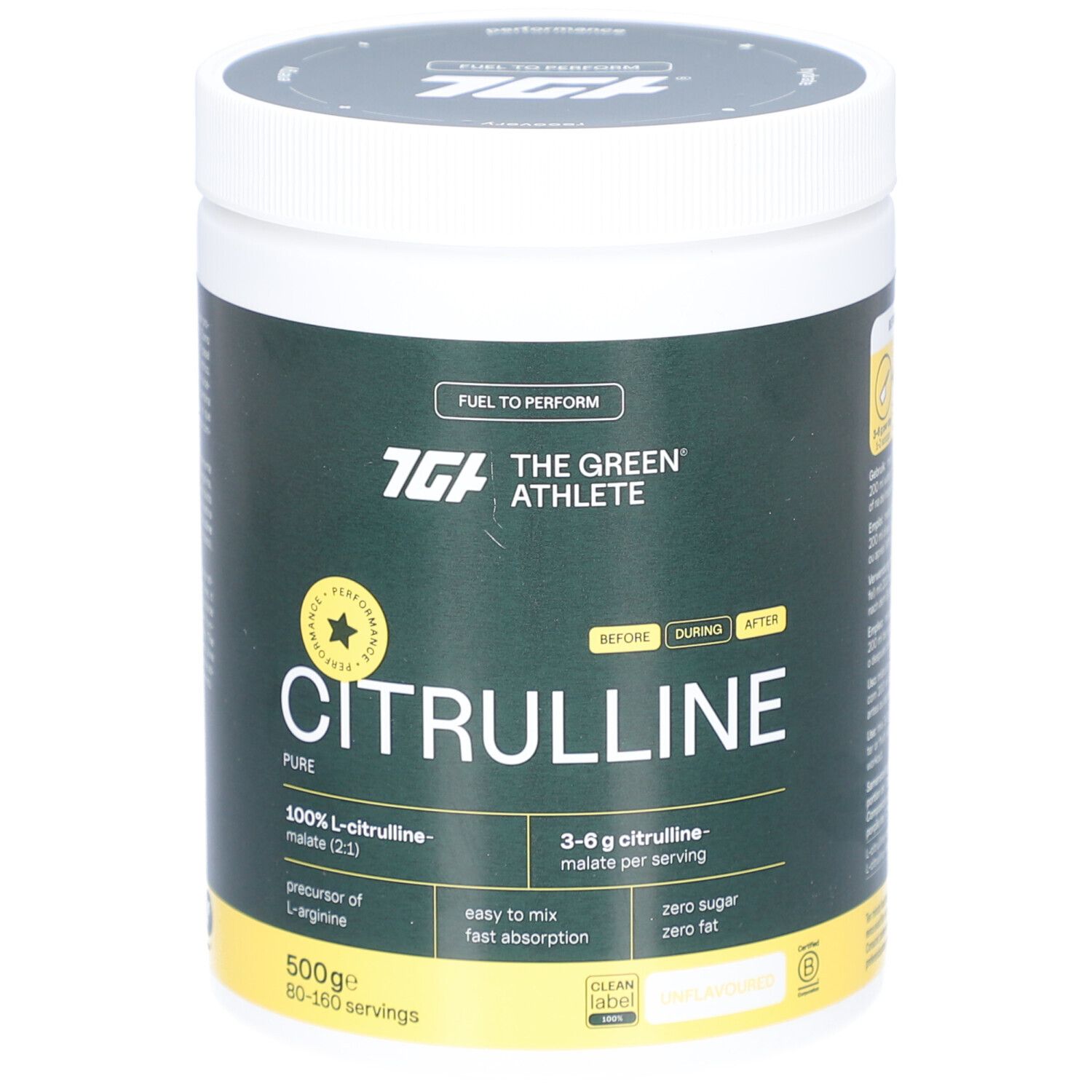 Behälter von The Green Athlete L-Citrullin-Malat. Weißer Deckel, grüner Hintergrund. Text: Citrullin, 100% L-Citrullin-Malat, 500g.