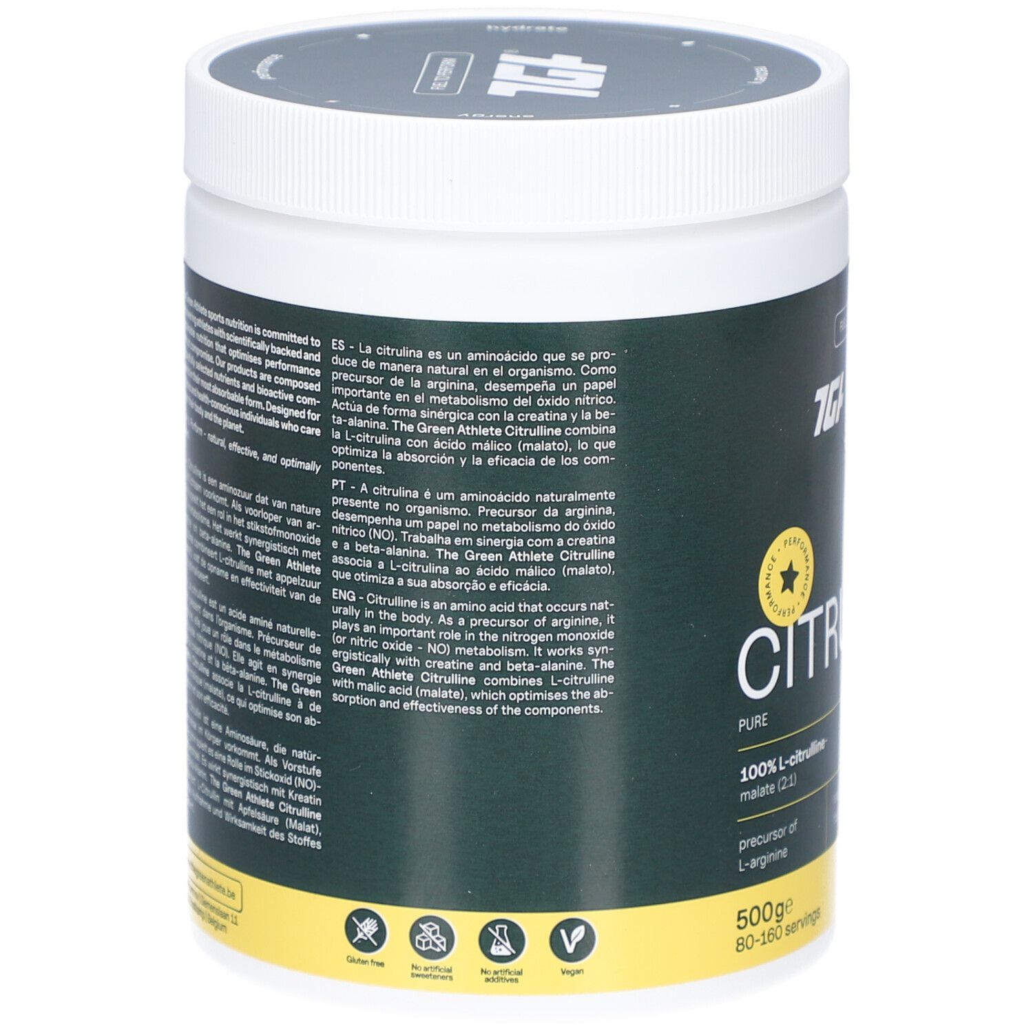 Rückseite des Behälters von The Green Athlete L-Citrullin-Malat. Text in mehreren Sprachen. Logos: vegan, glutenfrei, ohne Gentechnik.