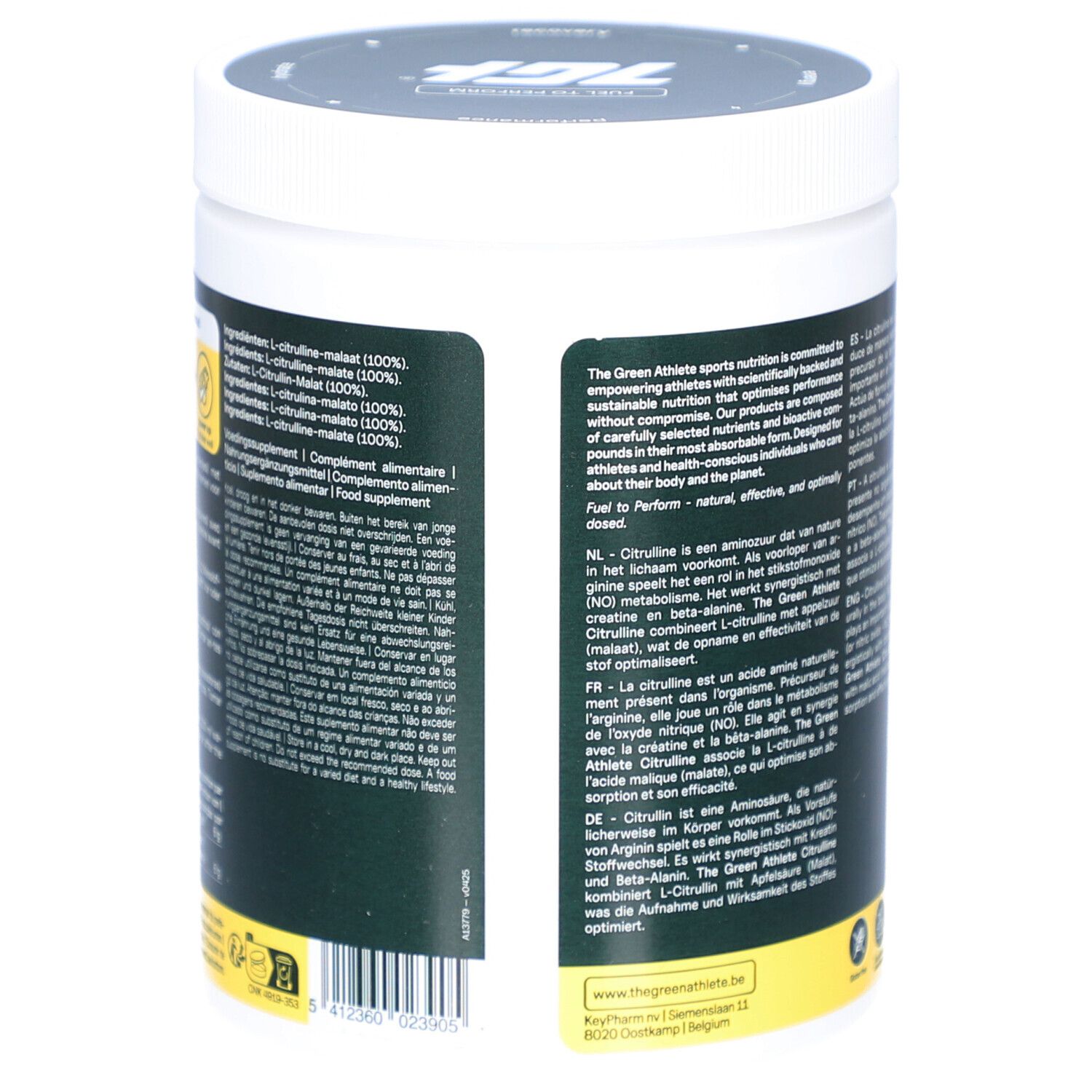 Rückseite des Behälters von The Green Athlete L-Citrullin-Malat. Text in mehreren Sprachen. Logo: vegan.