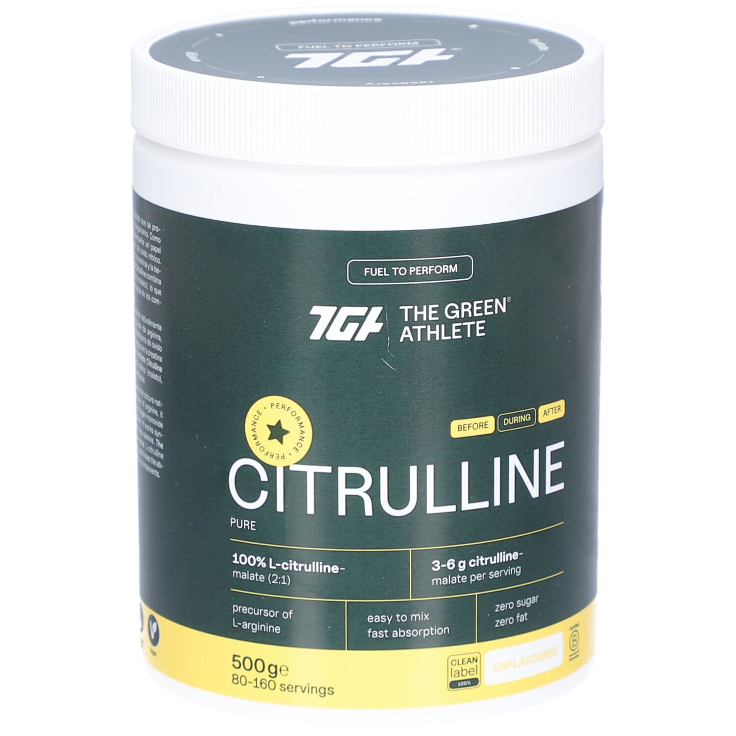 Behälter von The Green Athlete L-Citrullin-Malat. Weißer Deckel, grüner Hintergrund. Text: Citrullin, 100% L-Citrullin-Malat, 500g.