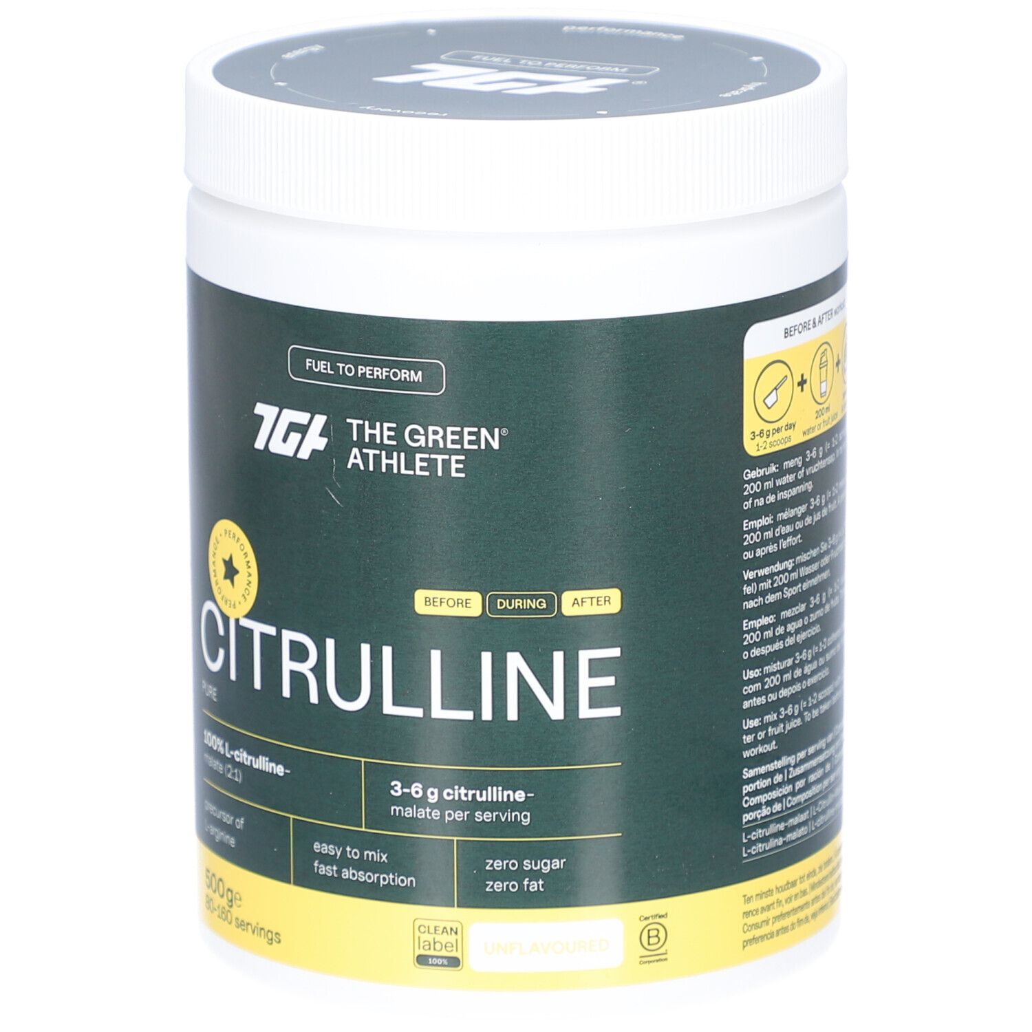 Behälter von The Green Athlete L-Citrullin-Malat. Weißer Deckel, grüner Hintergrund. Text: Citrullin, 100% L-Citrullin-Malat, 500g. Anweisungen.