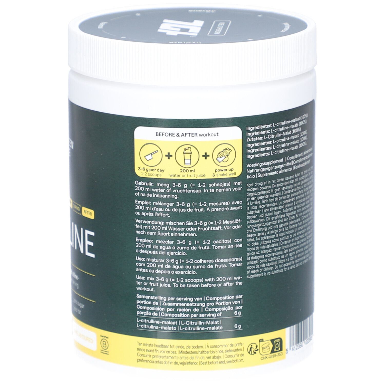 Rückseite des Behälters von The Green Athlete L-Citrullin-Malat. Text in mehreren Sprachen. Anweisungen und Nährwertangaben.