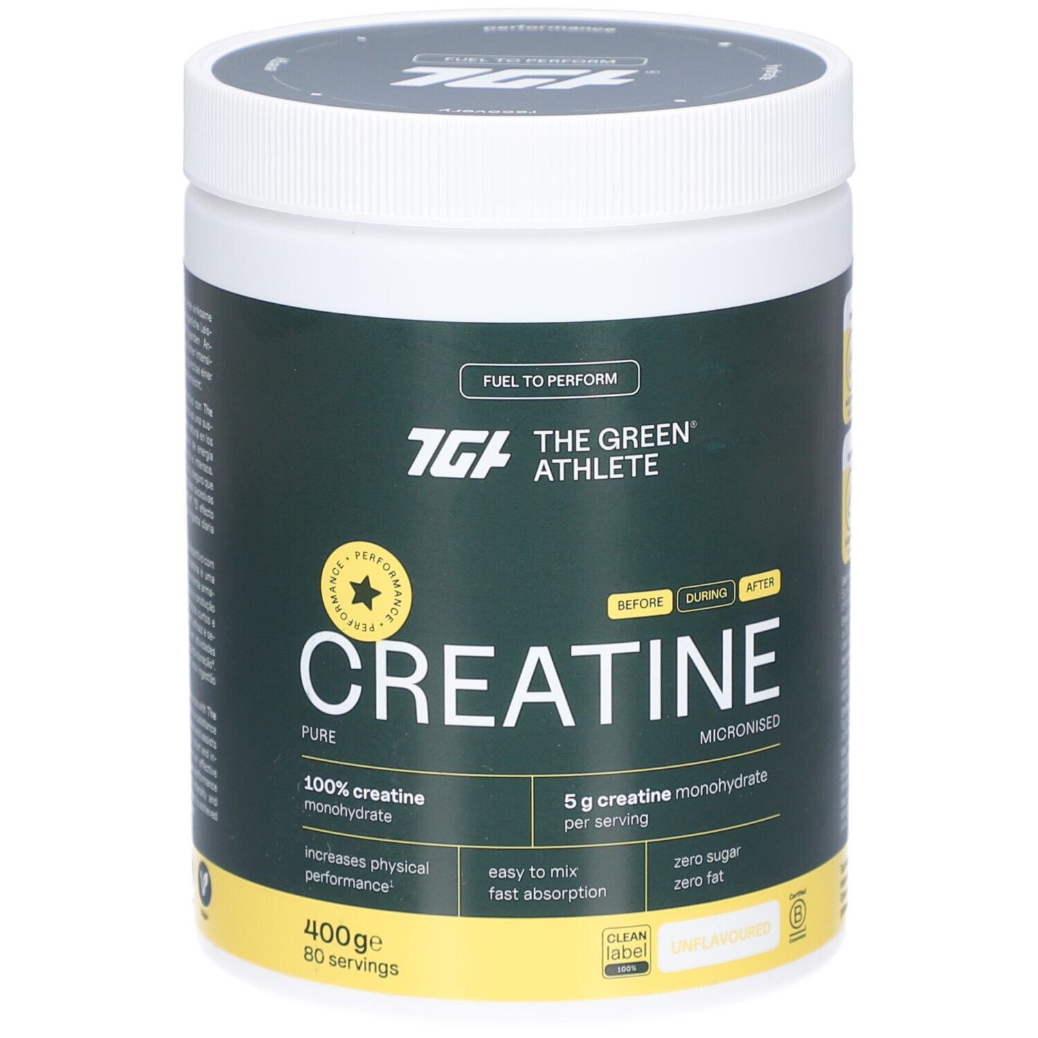 Grüner Behälter mit weißem Deckel. Aufschrift: The Green Athlete Creatine. Enthält 400g, 80 Portionen. 100% Creatin Monohydrat.