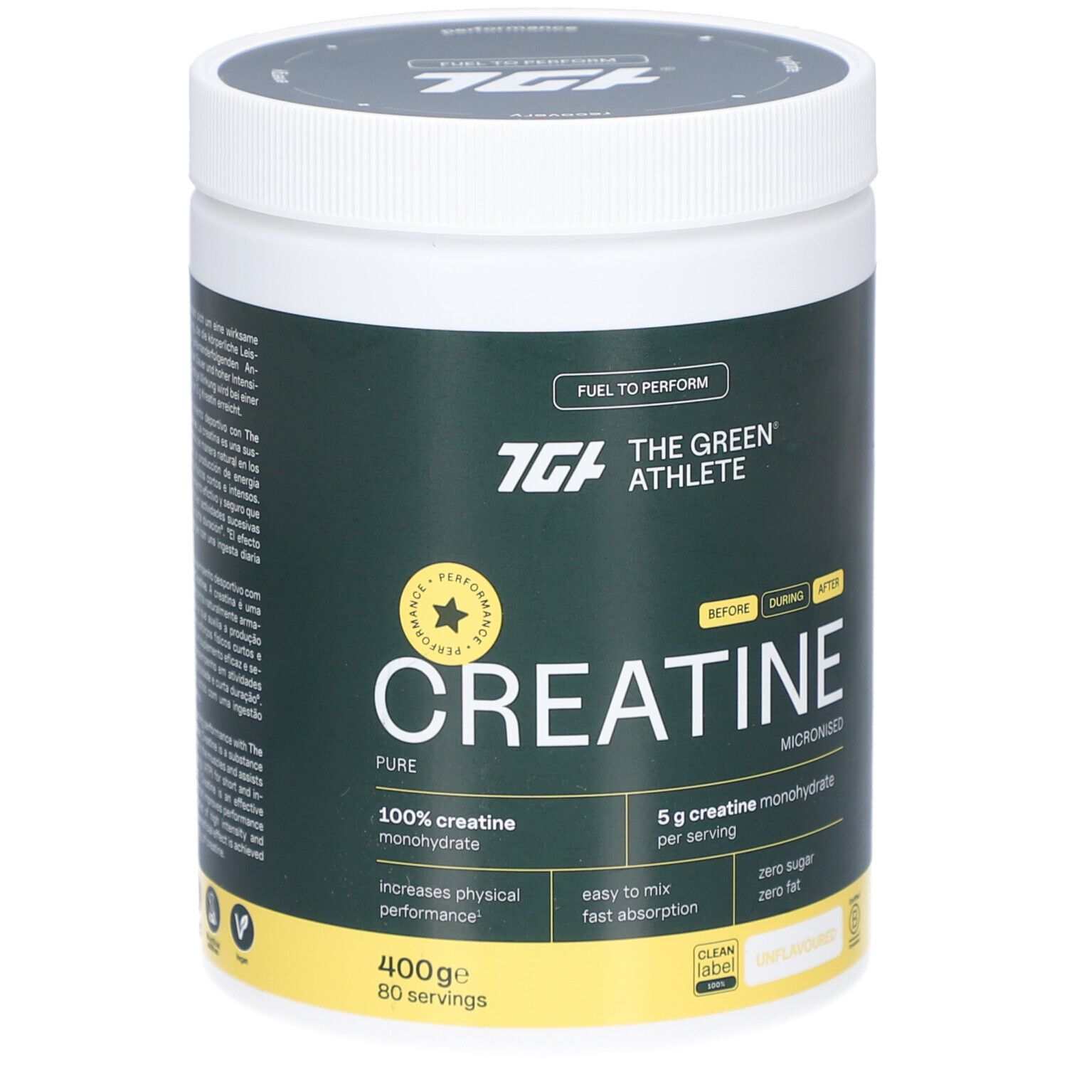 Grüner Behälter mit weißem Deckel. Aufschrift: The Green Athlete Creatine. Enthält 400g, 80 Portionen. 100% Creatin Monohydrat.