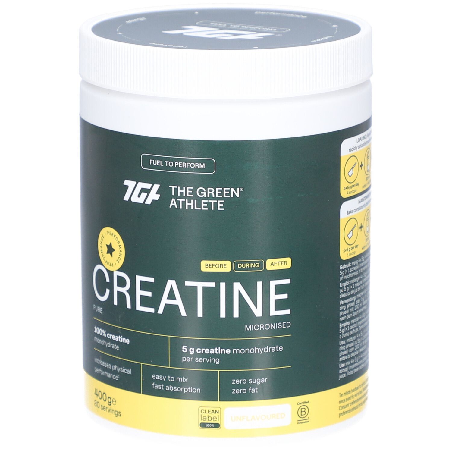 Grüner Behälter mit weißem Deckel. Aufschrift: The Green Athlete Creatine. Enthält 400g, 80 Portionen. 100% Creatin Monohydrat.