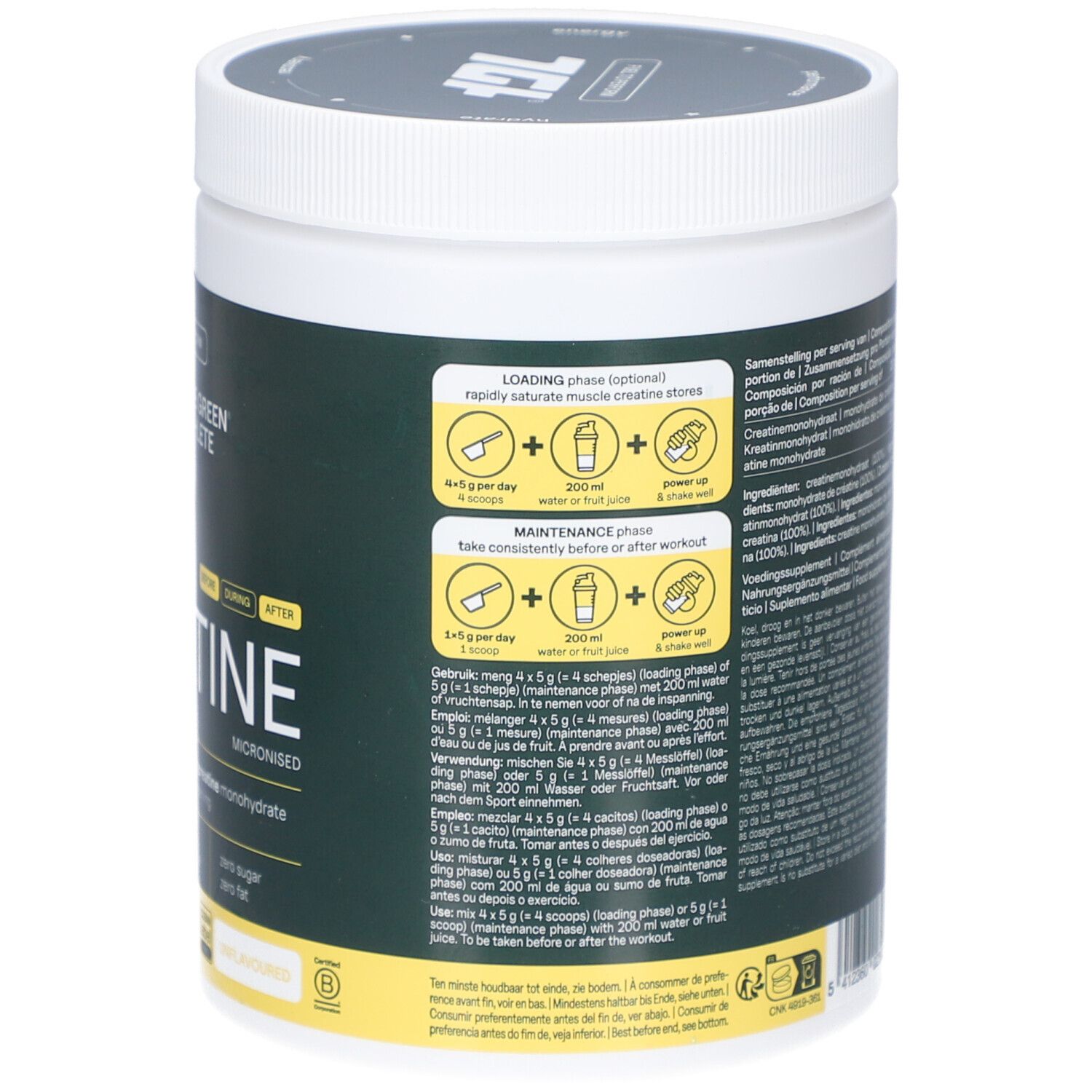 Grüner Behälter mit weißem Deckel. Aufschrift: The Green Athlete Creatine. Enthält Informationen zur Anwendung und Dosierung.