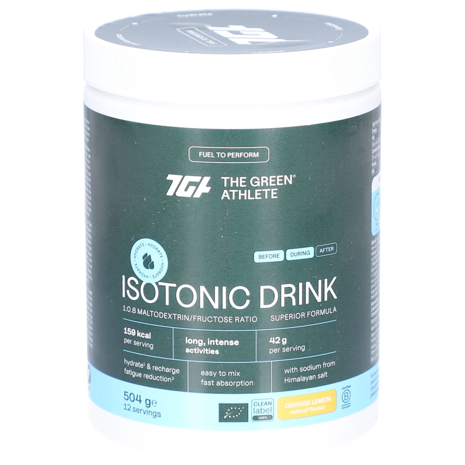 Grüner Behälter mit weißem Deckel. Aufschrift: Isotonic Drink, 1.0:8 Maltodextrin/Fructose Ratio. Enthält 150 kcal pro Portion.