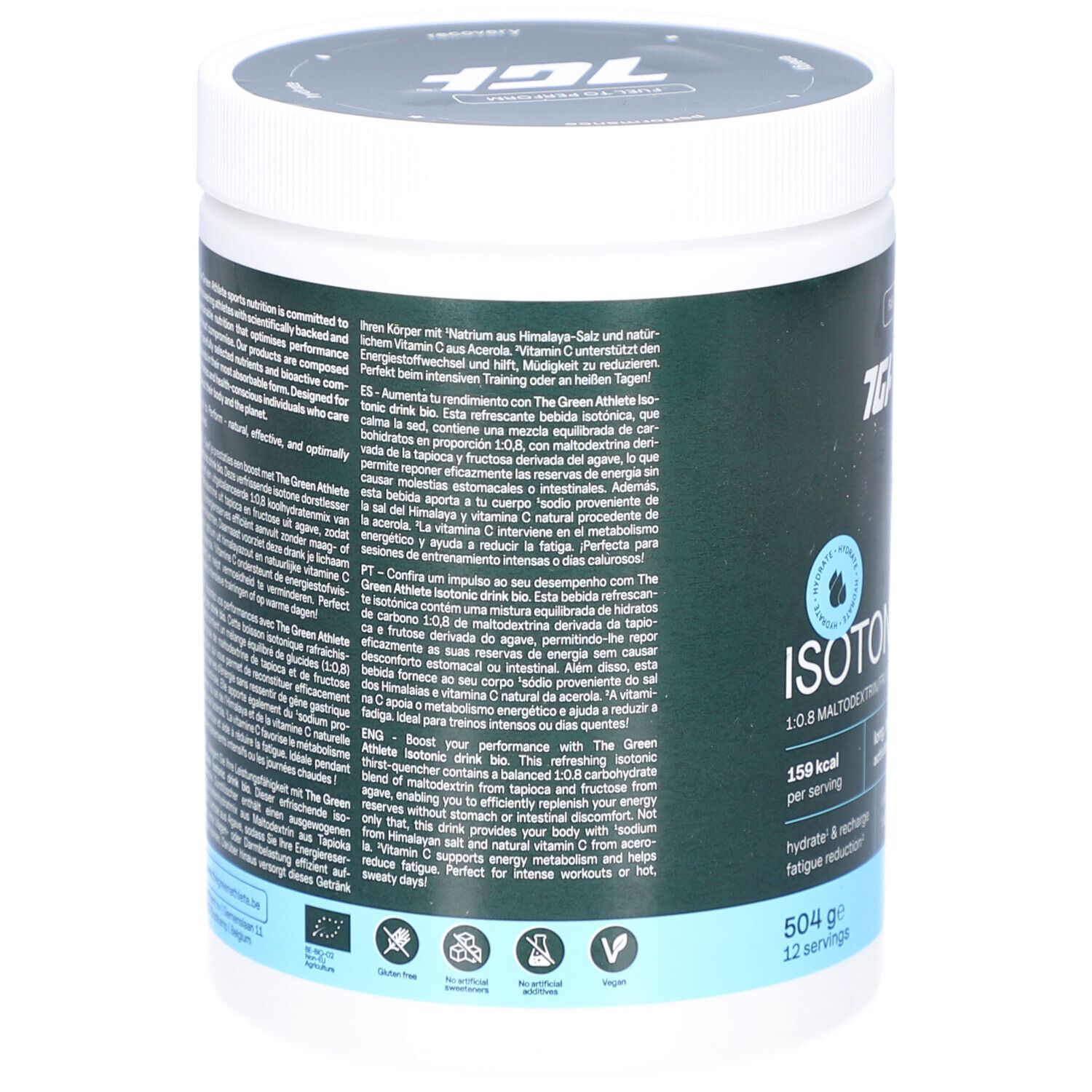 Rückseite eines grünen Behälters mit weißem Deckel. Text in mehreren Sprachen. Enthält Informationen über das Produkt.