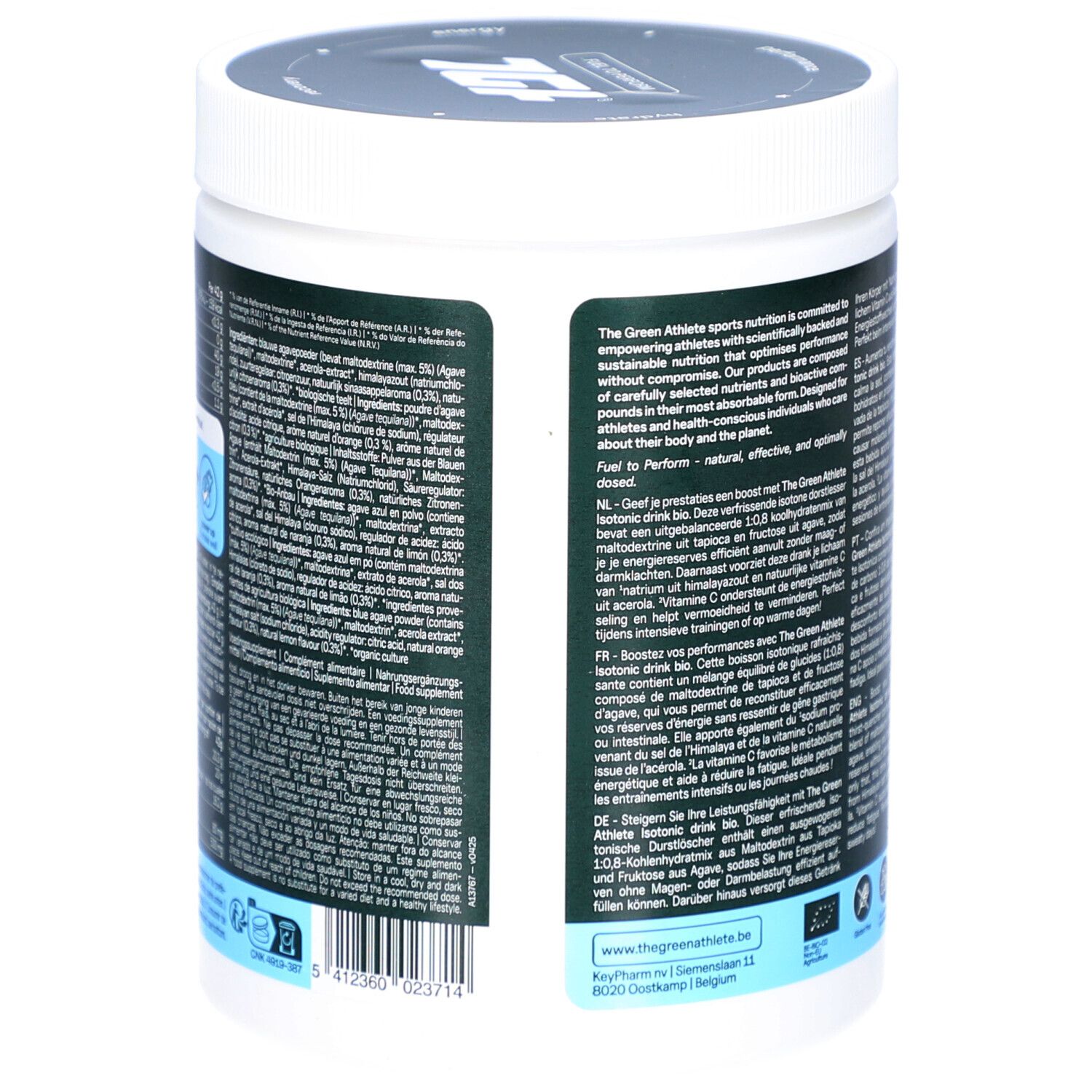 Rückseite eines grünen Behälters mit weißem Deckel. Text in mehreren Sprachen. Enthält Informationen über das Produkt.