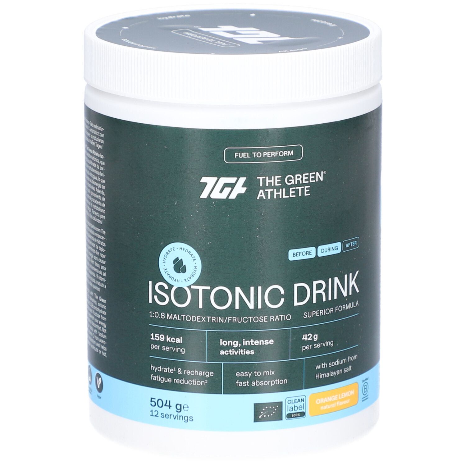 Grüner Behälter mit weißem Deckel. Aufschrift: Isotonic Drink, 1.0:8 Maltodextrin/Fructose Ratio. Enthält 150 kcal pro Portion.