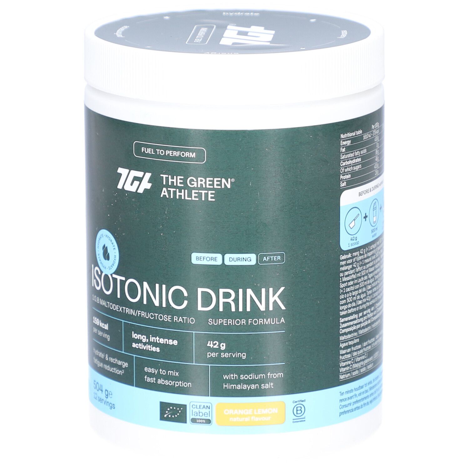 Grüner Behälter mit weißem Deckel. Aufschrift: Isotonic Drink, 1.0:8 Maltodextrin/Fructose Ratio. Enthält 150 kcal pro Portion.