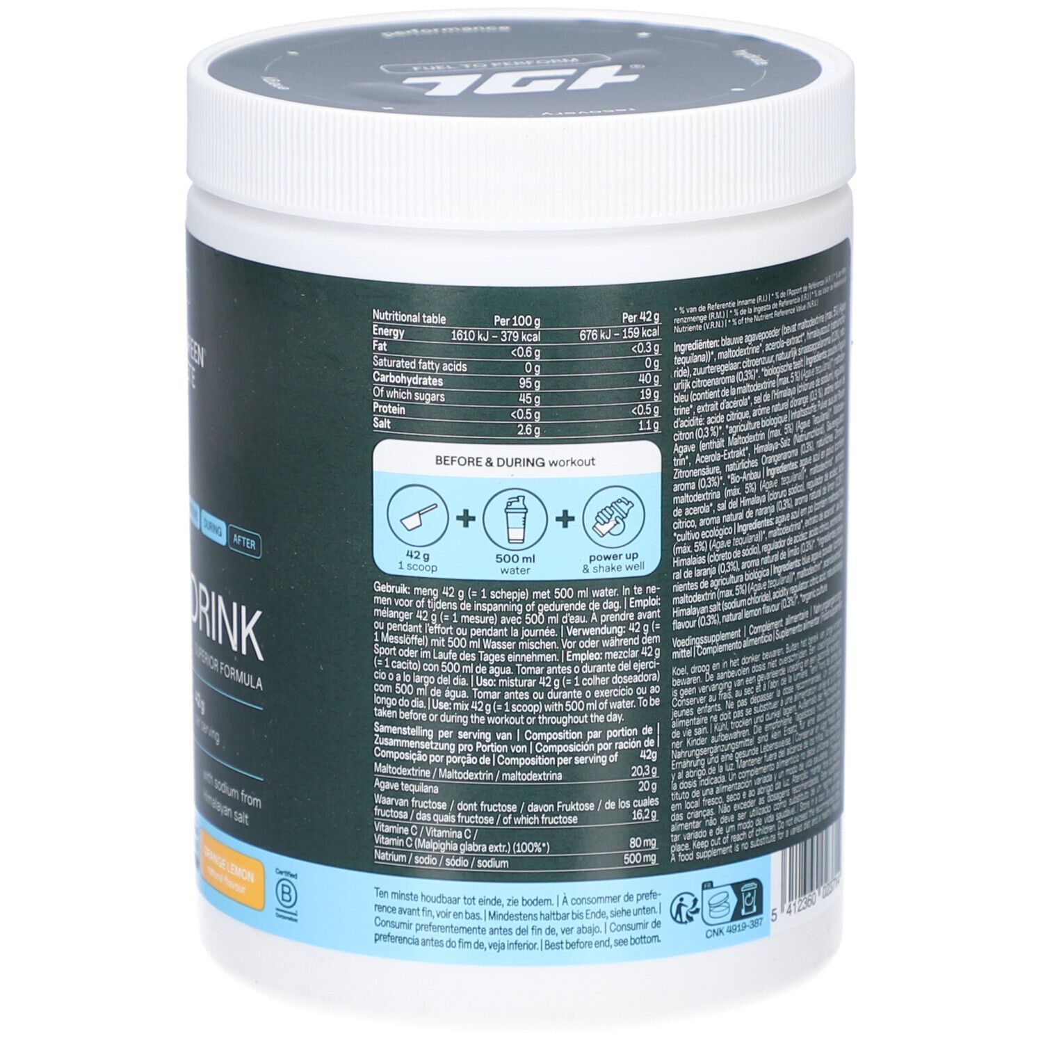 Rückseite eines grünen Behälters mit weißem Deckel. Enthält Nährwertangaben und Anweisungen zur Zubereitung.