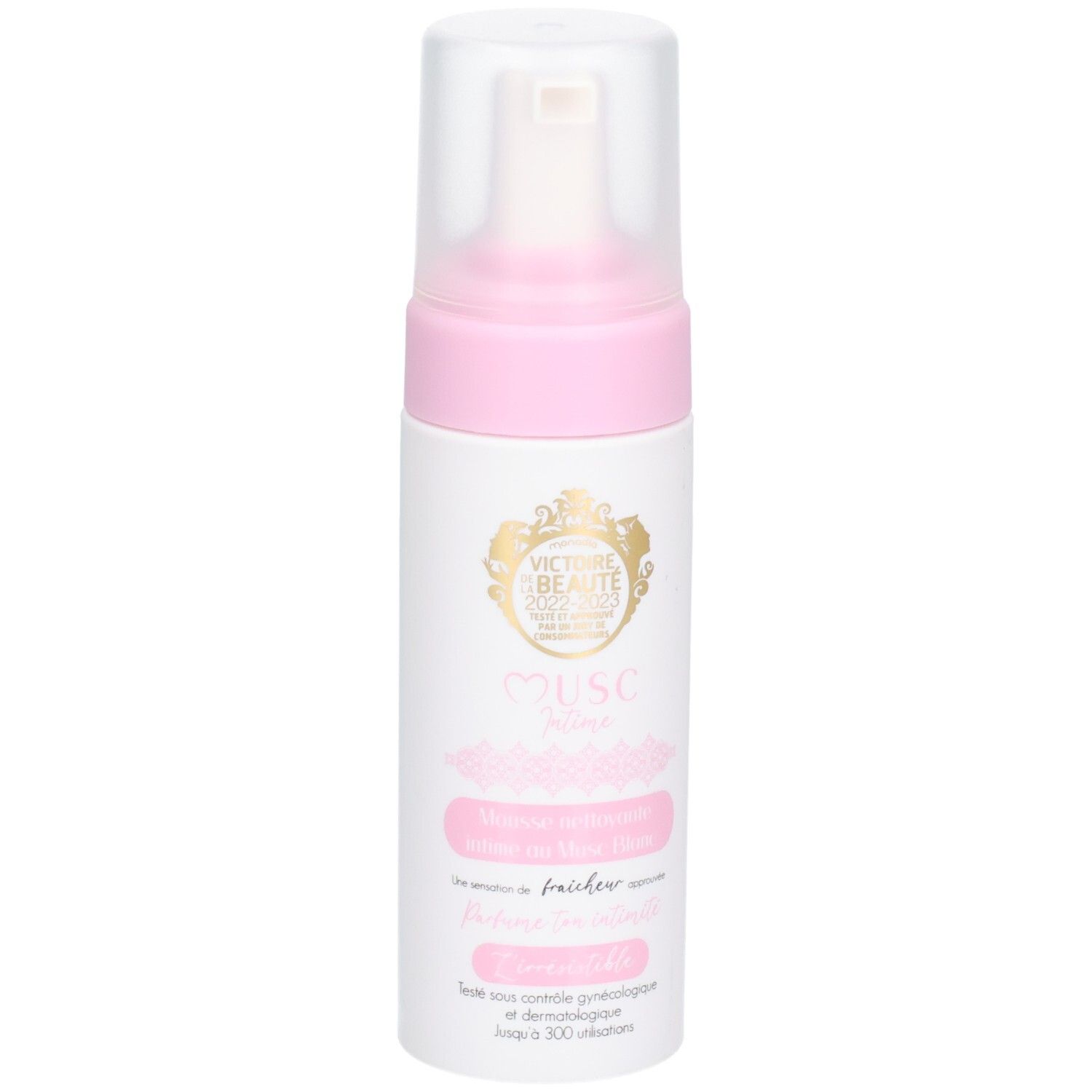 Weiß-rosa Flasche mit Sprühkopf. Aufschrift: Musc Intime, Mousse nettoyante intime au musc blanc. Logo.