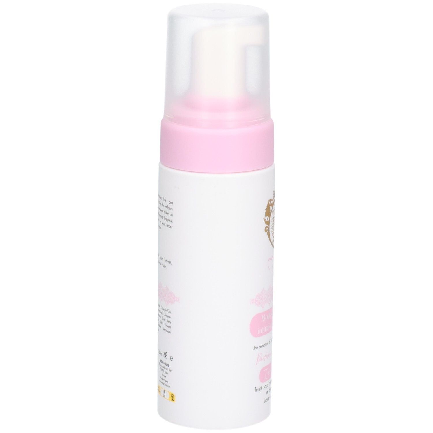 Weiße Flasche mit rosa Akzenten. Text auf der Seite. Transparenter Sprühkopf.