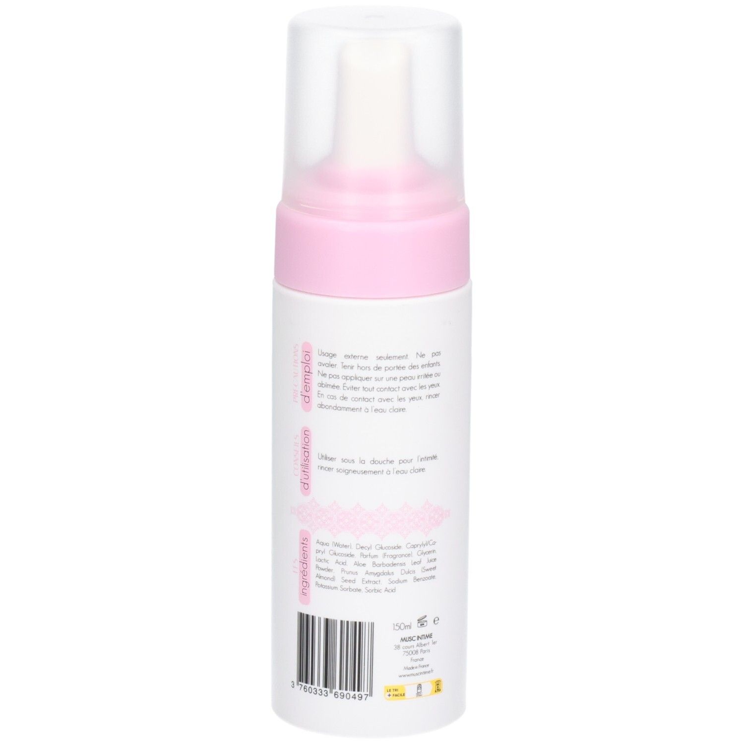 Weiße Flasche mit Text und Barcode. Rosa Akzente. Transparenter Sprühkopf.
