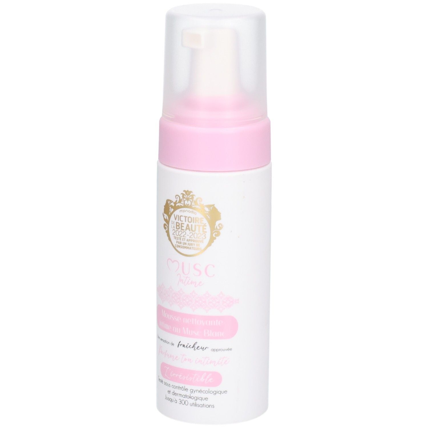 Weiß-rosa Flasche mit Sprühkopf. Aufschrift: Musc Intime, Mousse nettoyante intime au musc blanc. Logo.