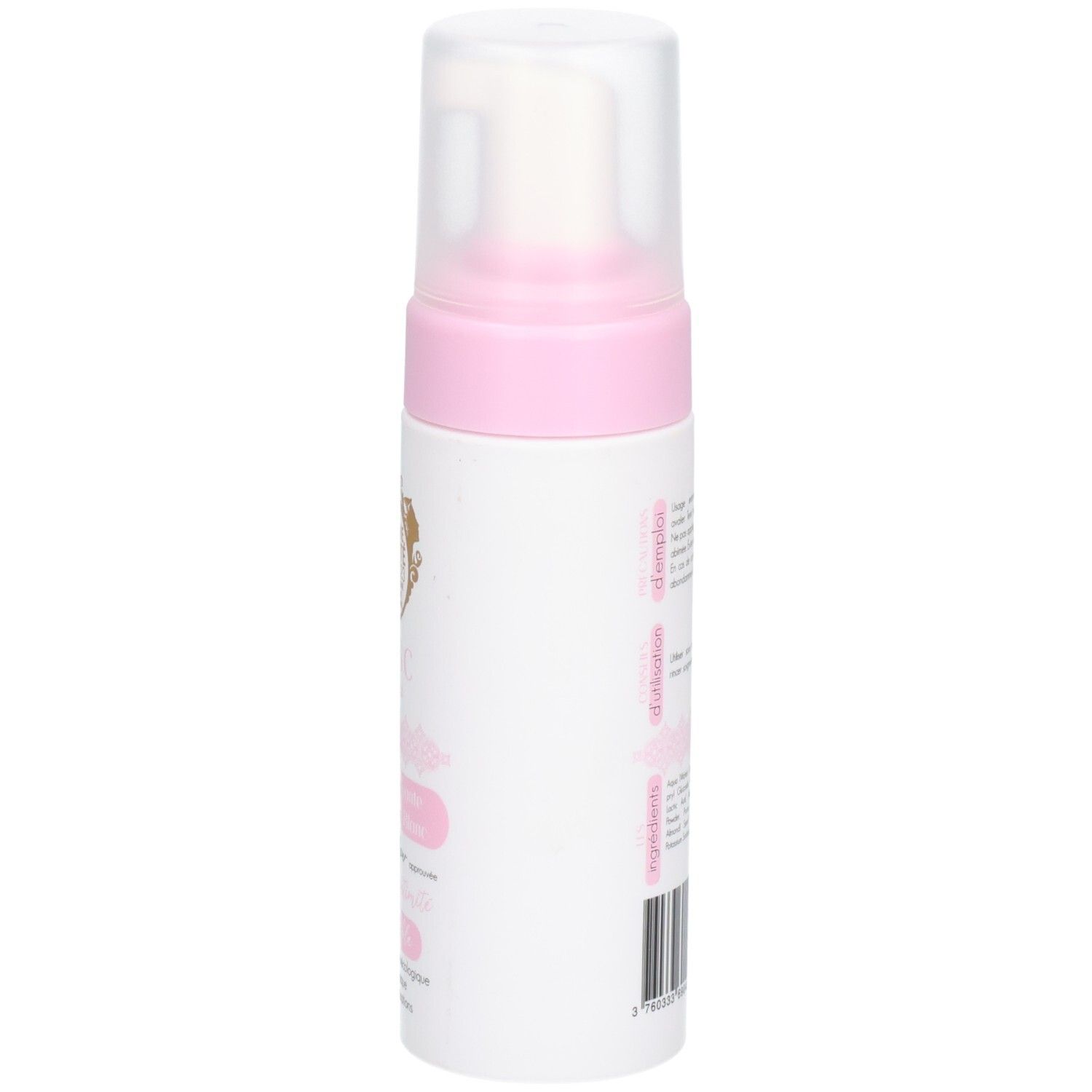 Weiße Flasche mit rosa Akzenten. Text auf der Seite. Transparenter Sprühkopf.
