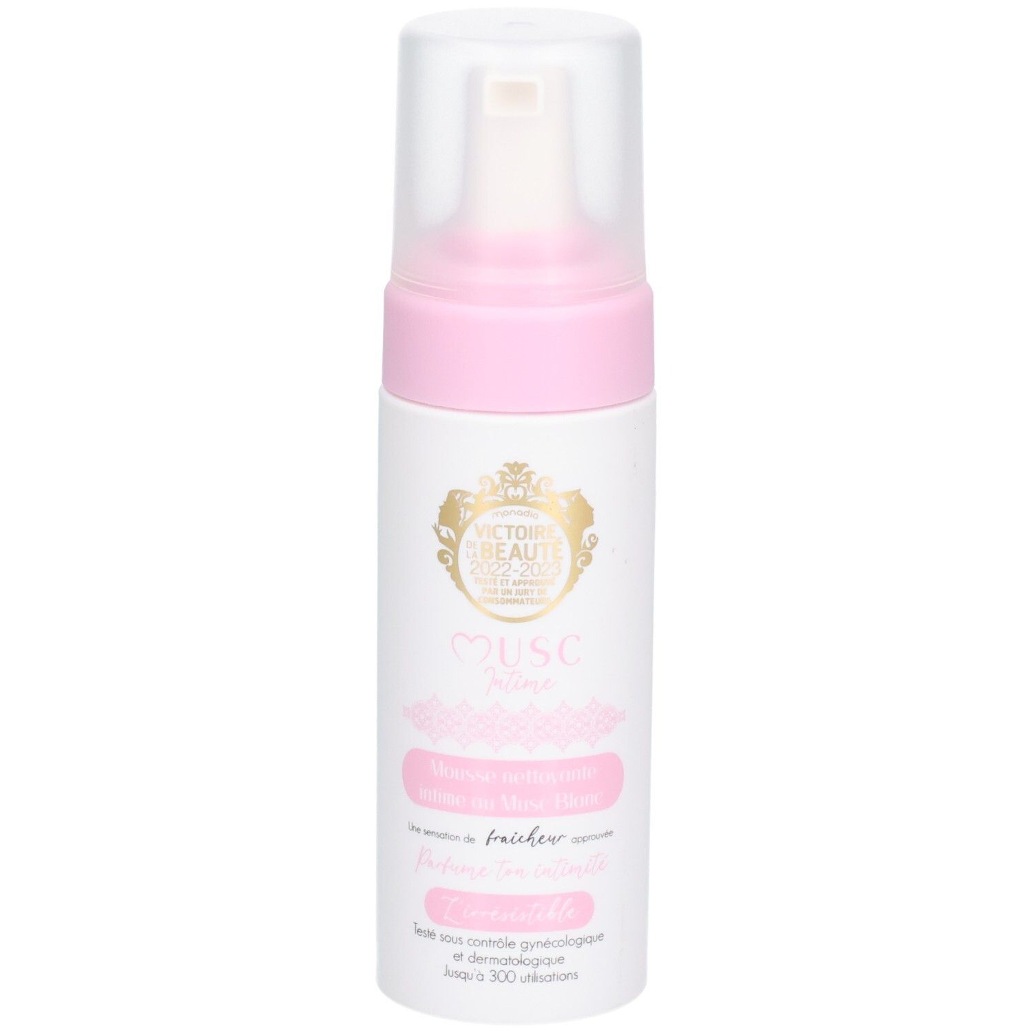 Weiß-rosa Flasche mit Sprühkopf. Aufschrift: Musc Intime, Mousse nettoyante intime au musc blanc. Logo.
