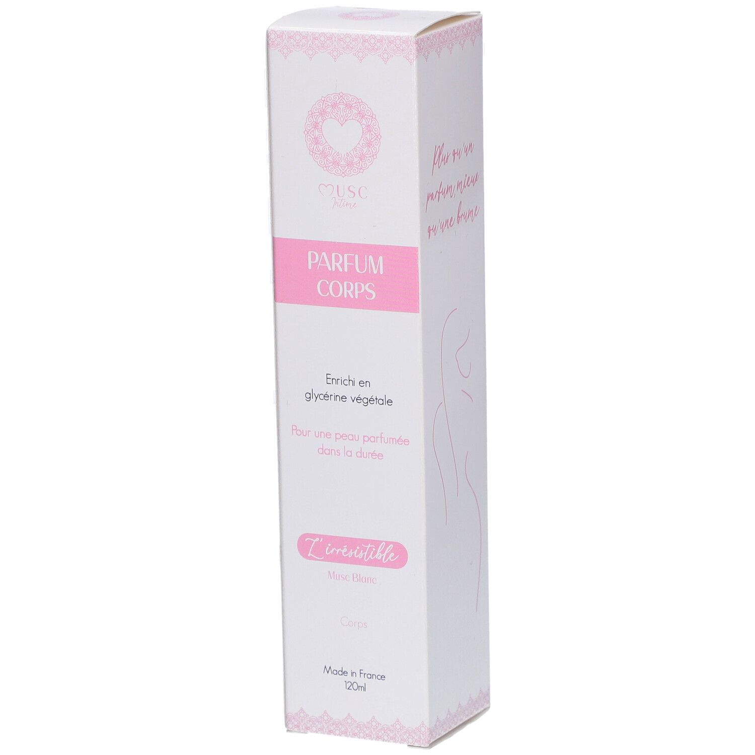 Weiße, längliche Verpackung mit rosa Akzenten. Text: PARFUM CORPS, L'irrésistible, Musc Blanc. Hergestellt in Frankreich. 20ml.