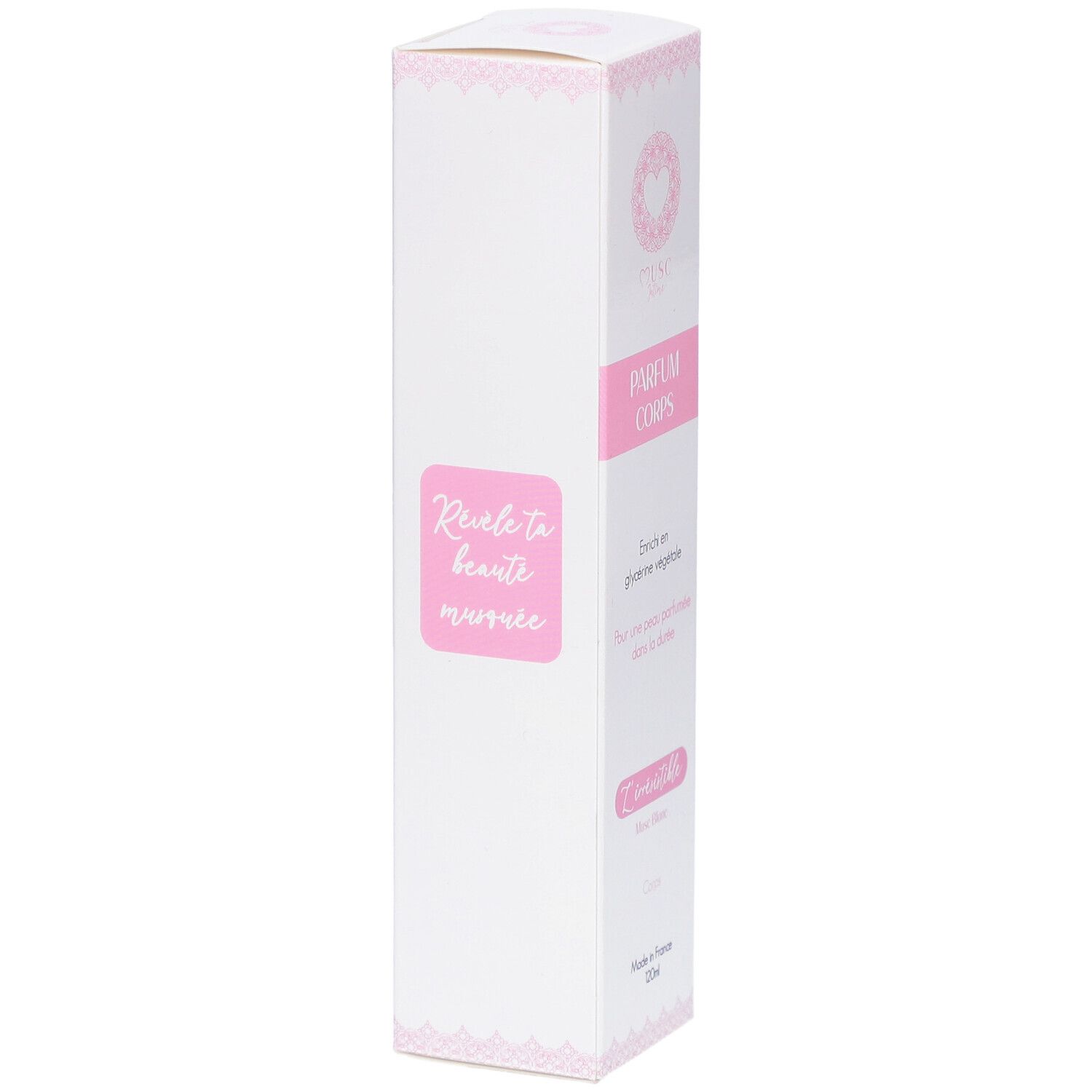 Weiße, längliche Verpackung mit rosa Akzenten. Text: Révèle ta beauté marronnier. Produktinformationen auf der Verpackung.