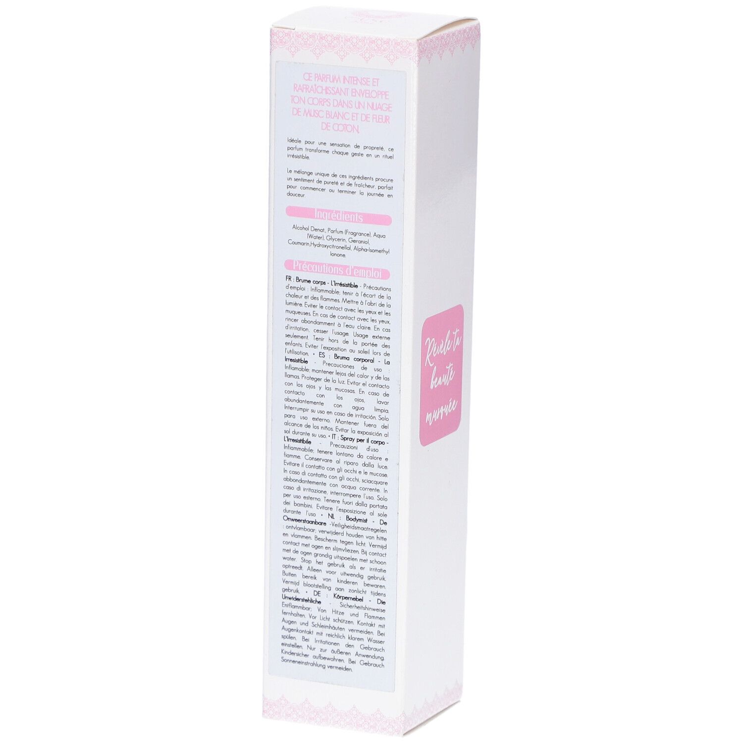 Weiße, längliche Verpackung mit rosa Akzenten. Text: Produktinformationen in mehreren Sprachen. Details zur Zusammensetzung.