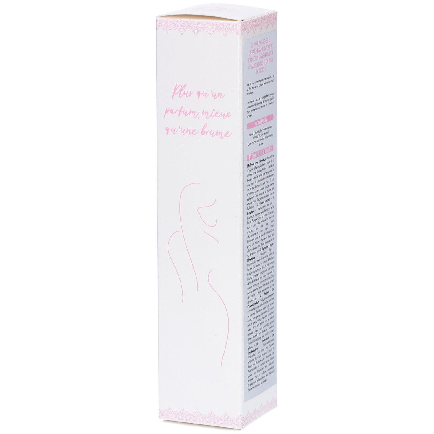 Weiße, längliche Verpackung mit rosa Akzenten. Text: Plus on parfum, moins on une brume. Produktinformationen auf der Verpackung.