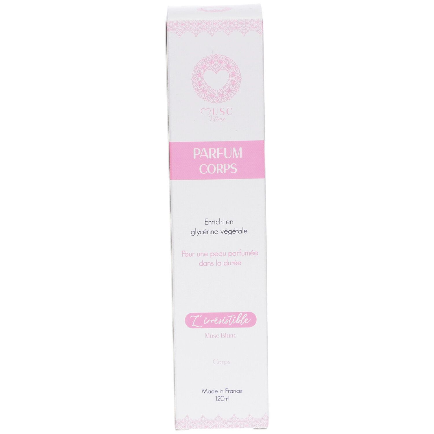Weiße, längliche Verpackung mit rosa Akzenten. Text: PARFUM CORPS, L'irrésistible, Musc Blanc. Hergestellt in Frankreich. 20ml.