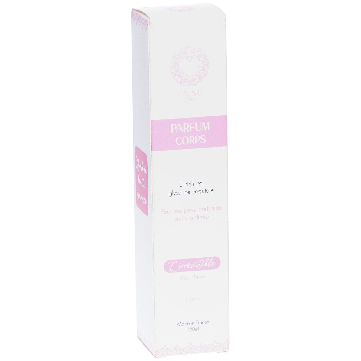 Weiße, längliche Verpackung mit rosa Akzenten. Text: PARFUM CORPS, Révèle ta beauté marronnier. Hergestellt in Frankreich. 20ml.