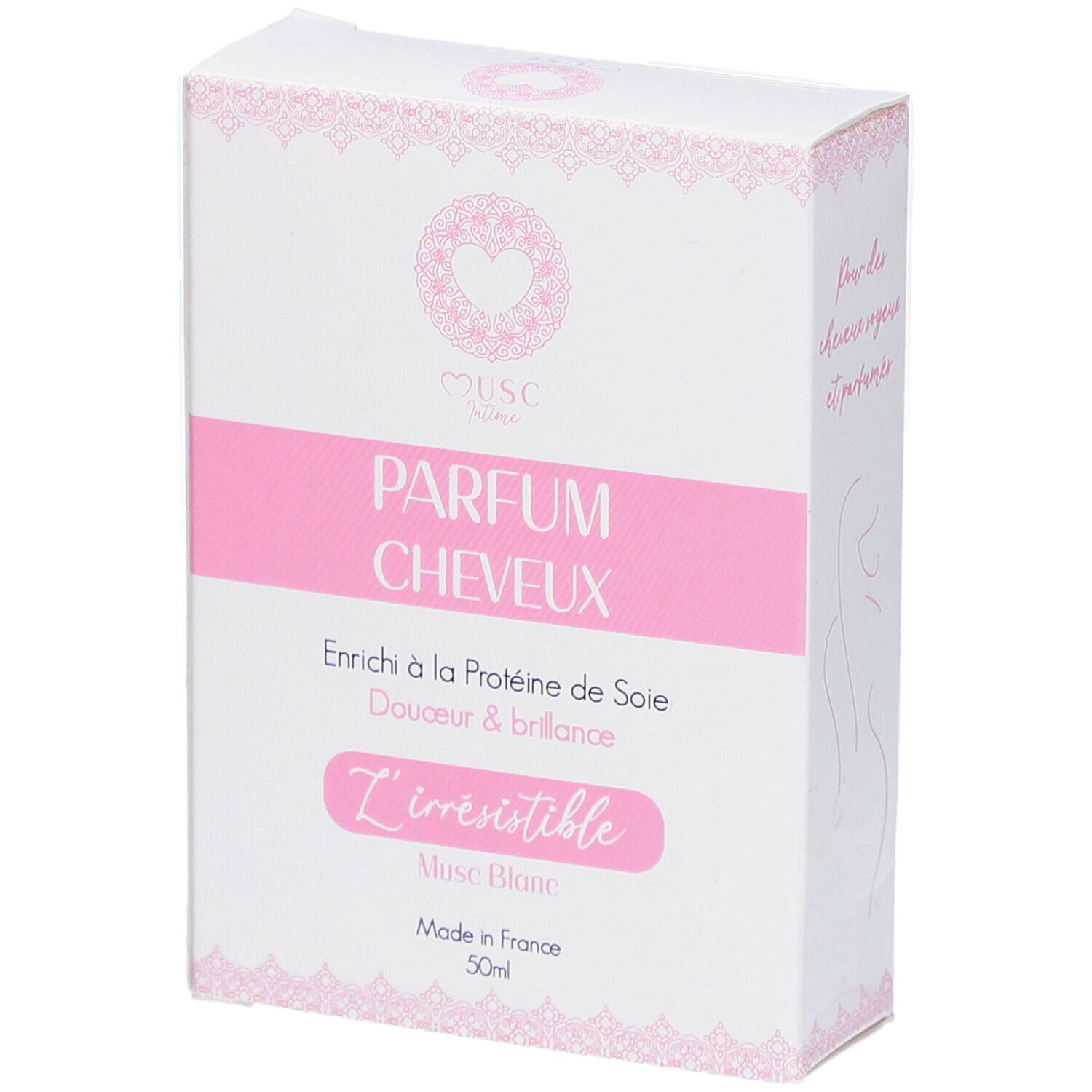 Weißer Karton mit rosa Akzenten. Text: PARFUM CHEVEUX, L'irrésistible, Musc Blanc, Made in France, 50ml.