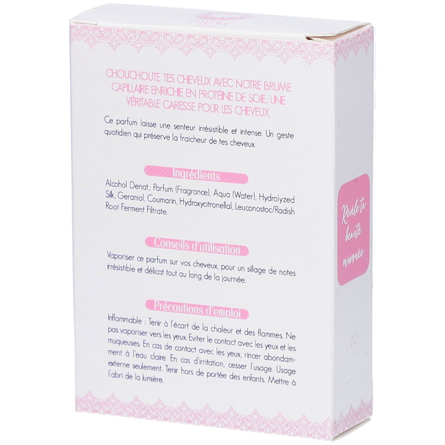 Rückseite eines weißen Kartons mit rosa Text. Text: Inhaltsstoffe, Anwendungshinweise, Vorsichtsmaßnahmen.